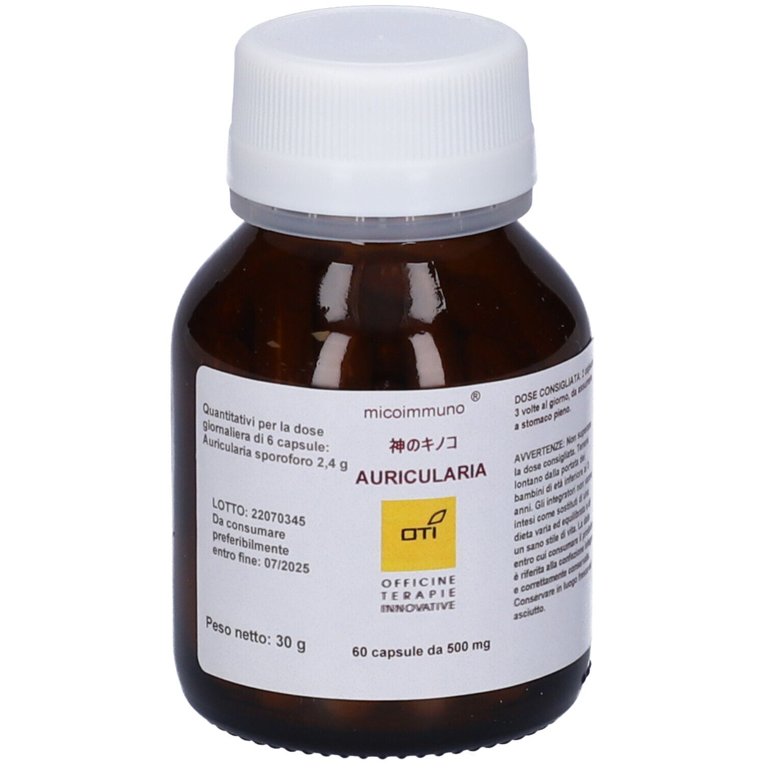 Flacone di vetro marrone con tappo bianco. Etichetta con nome del prodotto e logo giallo. Capsule visibili.