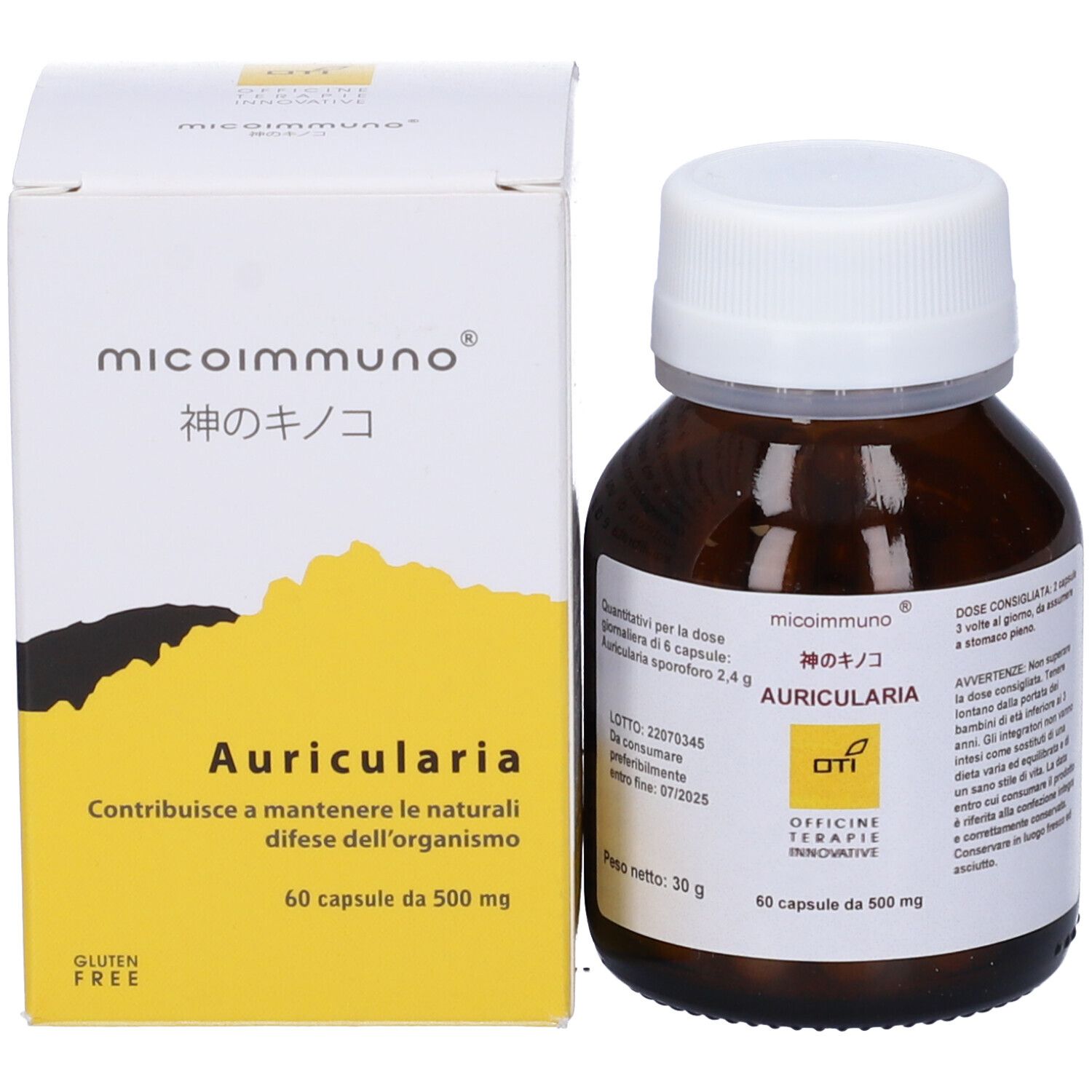 Flacone di vetro marrone e scatola gialla. Sulla scatola: nome del prodotto, logo e informazioni. Capsule visibili.