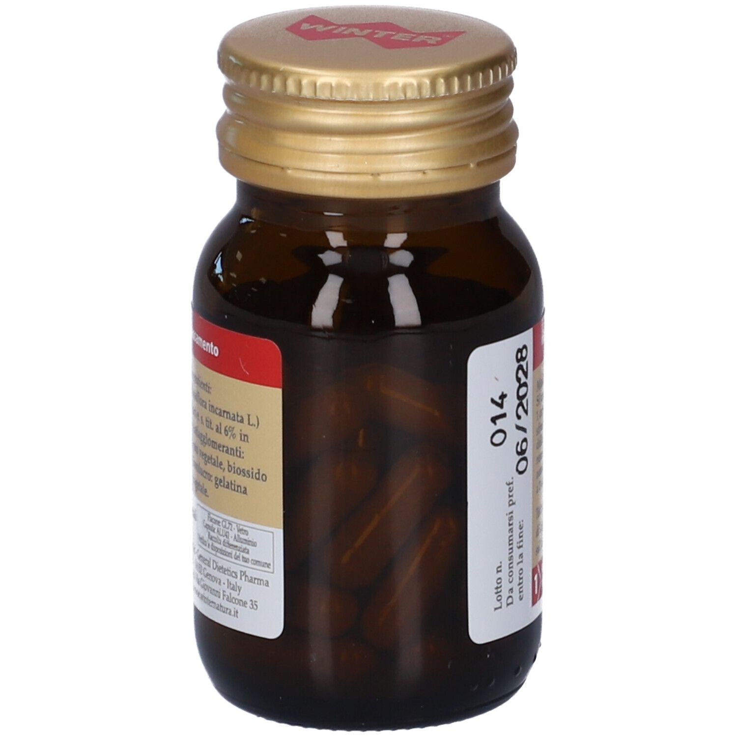 Flacone di vetro marrone con tappo dorato. Etichetta con ingredienti. Capsule visibili all'interno.