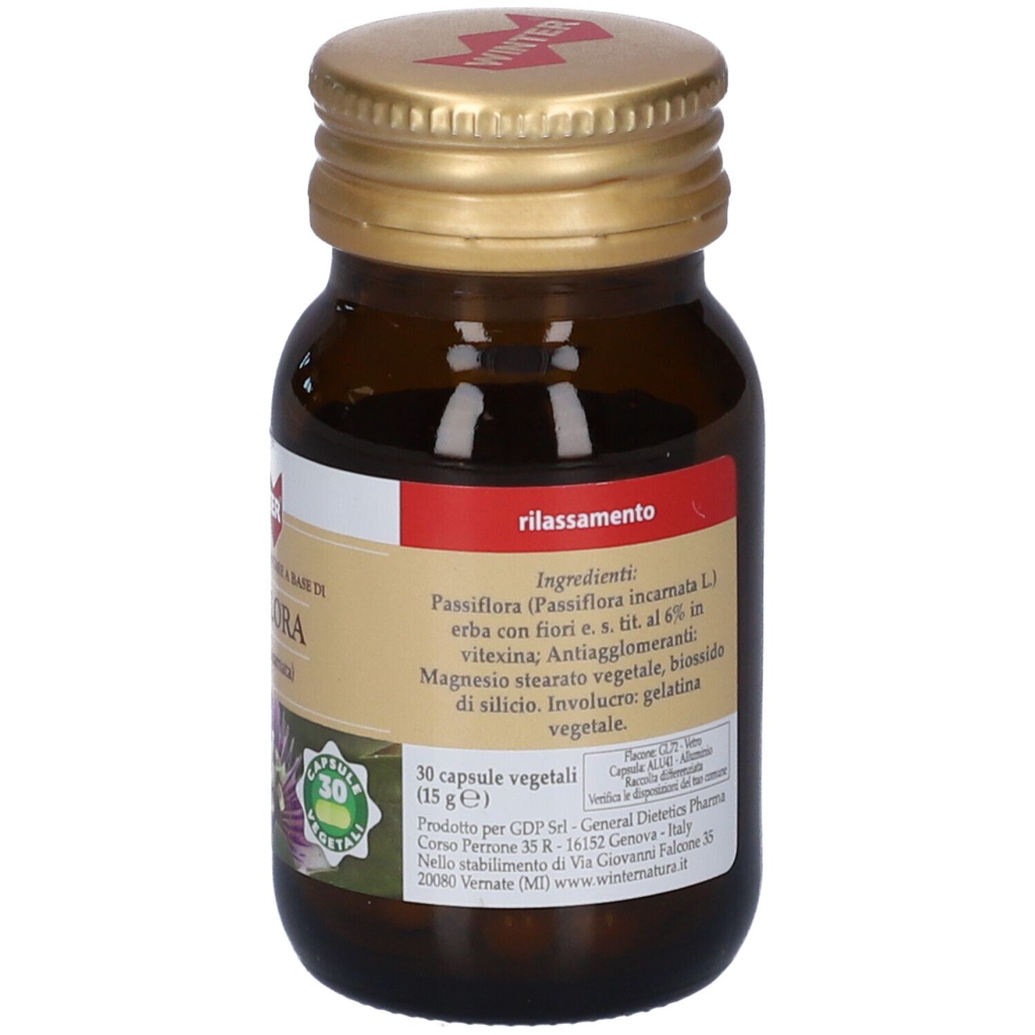 Flacone di vetro marrone con tappo dorato. Etichetta con ingredienti e 30 capsule vegetali.