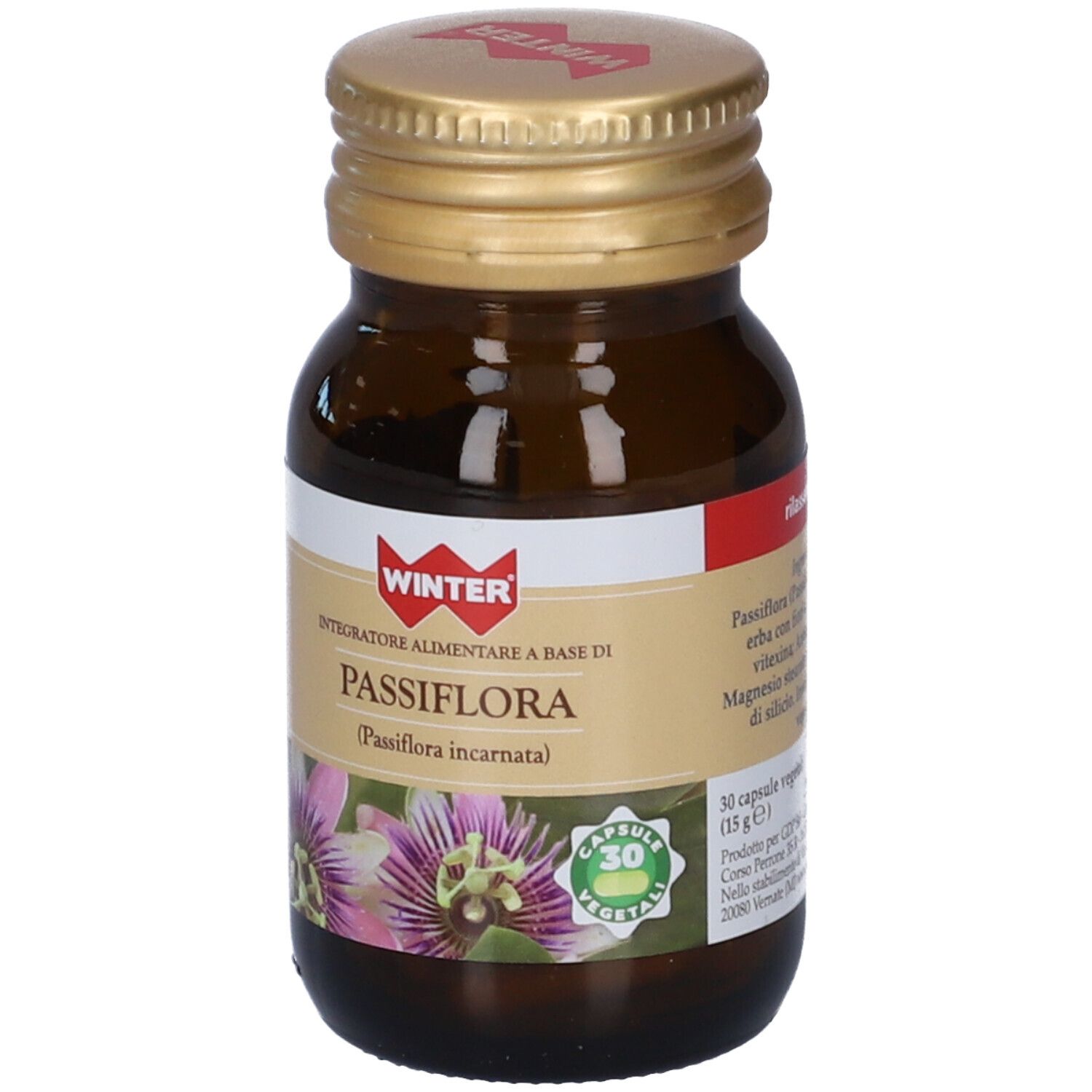 Flacone di vetro marrone con tappo dorato. Etichetta con nome del prodotto e logo. 30 capsule vegetali.