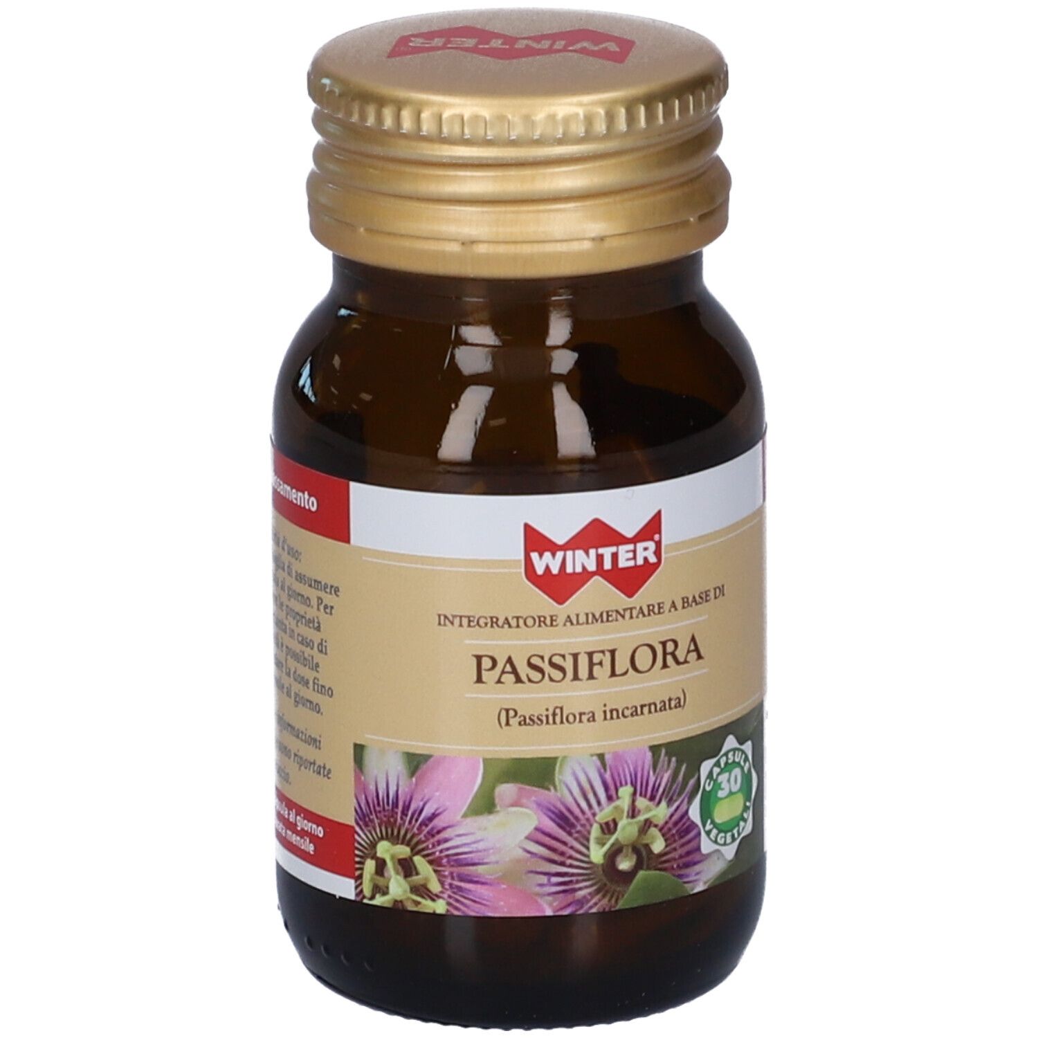 Flacone di vetro marrone con tappo dorato. Etichetta con nome del prodotto e logo. 30 capsule vegetali.