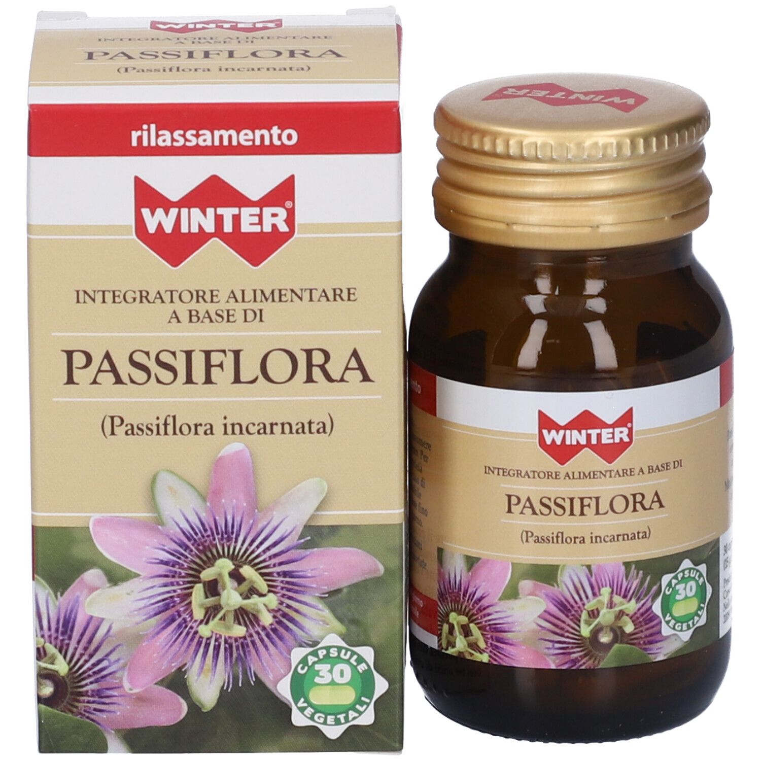 Flacone di vetro marrone e scatola. Scatola con nome del prodotto e logo. 30 capsule vegetali.