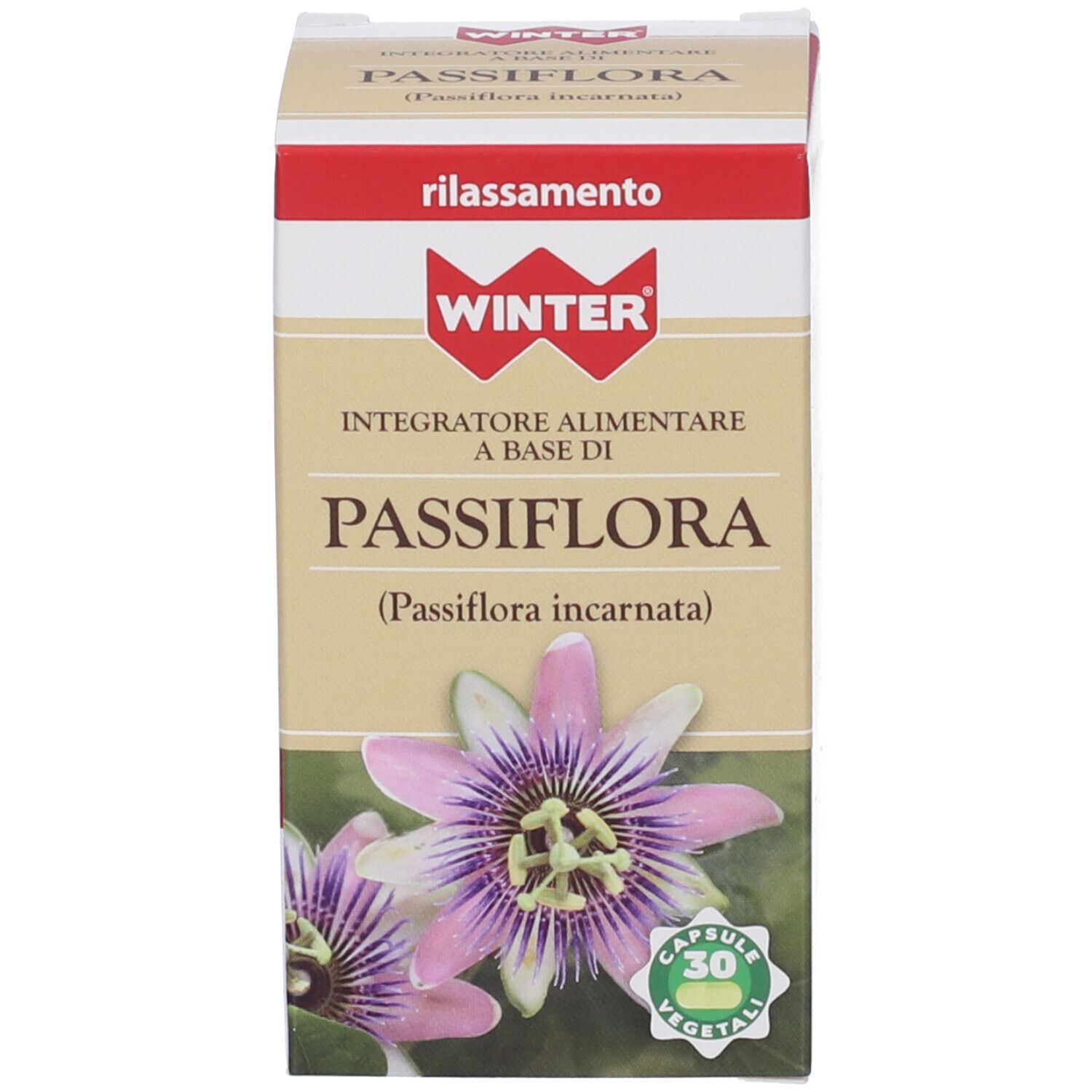 Scatola con nome del prodotto e logo. 30 capsule vegetali. Illustrazione floreale.