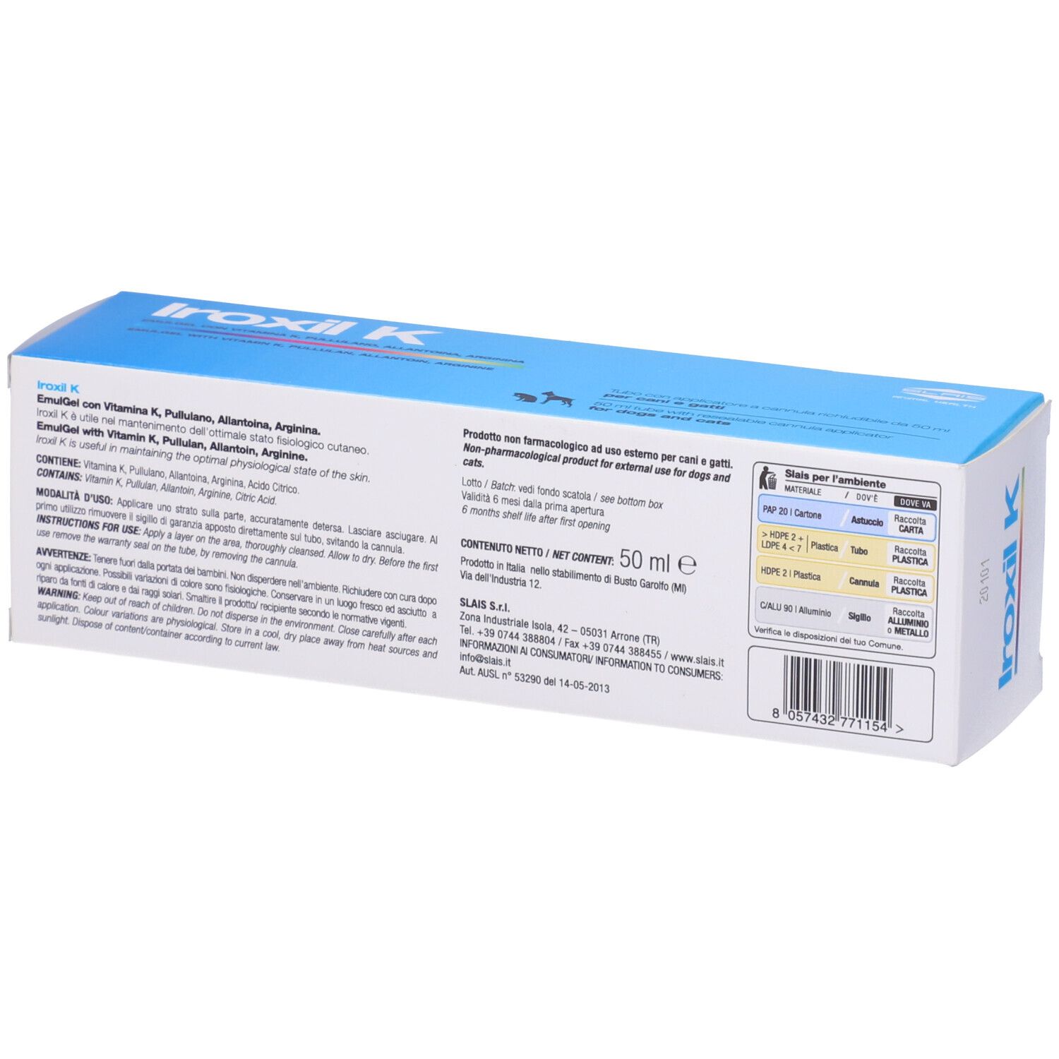 Scatola bianca con accento blu. Scritta Iroxil-K. Contiene vitamina K, pullulan, allantoina, arginina. Per cani e gatti. Retro.