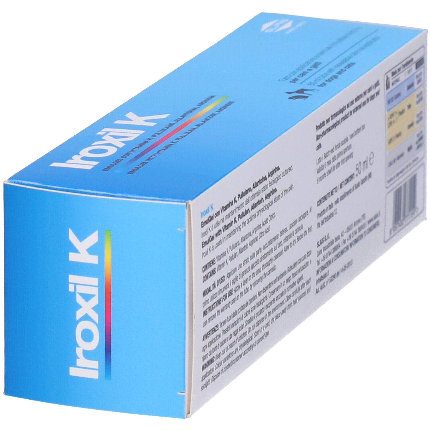 Scatola bianca con accento blu. Scritta Iroxil-K. Contiene vitamina K, pullulan, allantoina, arginina. Per cani e gatti. Vista laterale.
