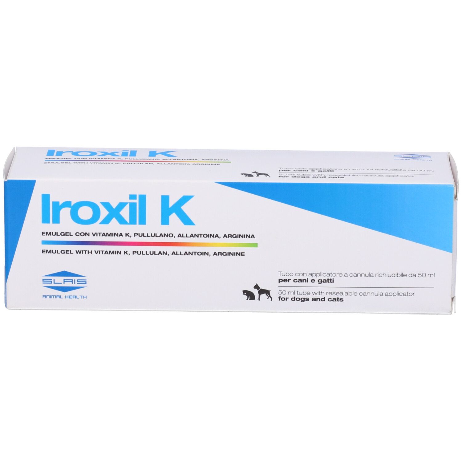 Scatola bianca con accento blu. Scritta Iroxil-K. Contiene vitamina K, pullulan, allantoina, arginina. Per cani e gatti.