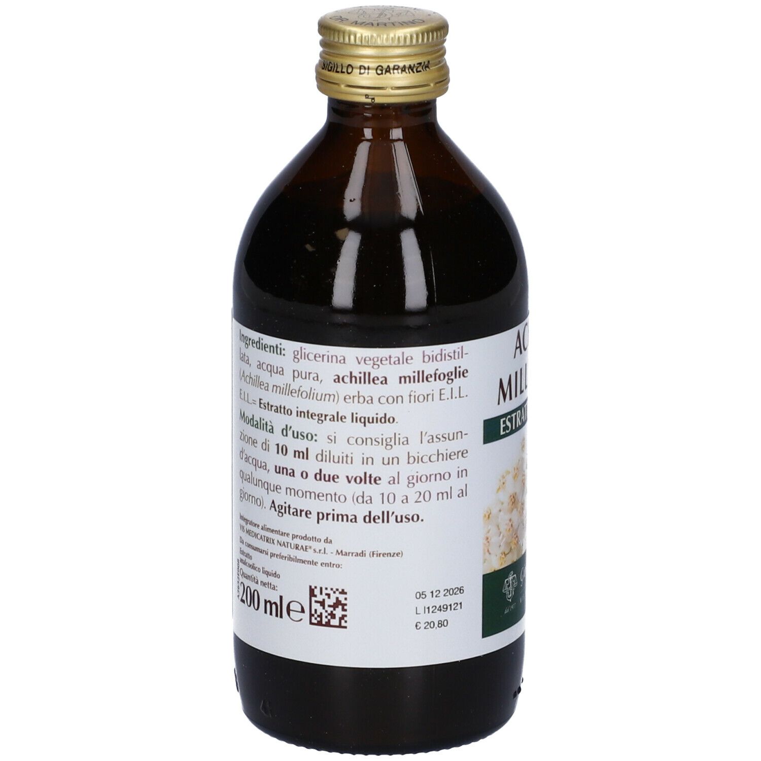 Bottiglia di vetro marrone con etichetta del prodotto. Scritta: Achillea Millefoglie Estratto Integrale. 200 ml.
