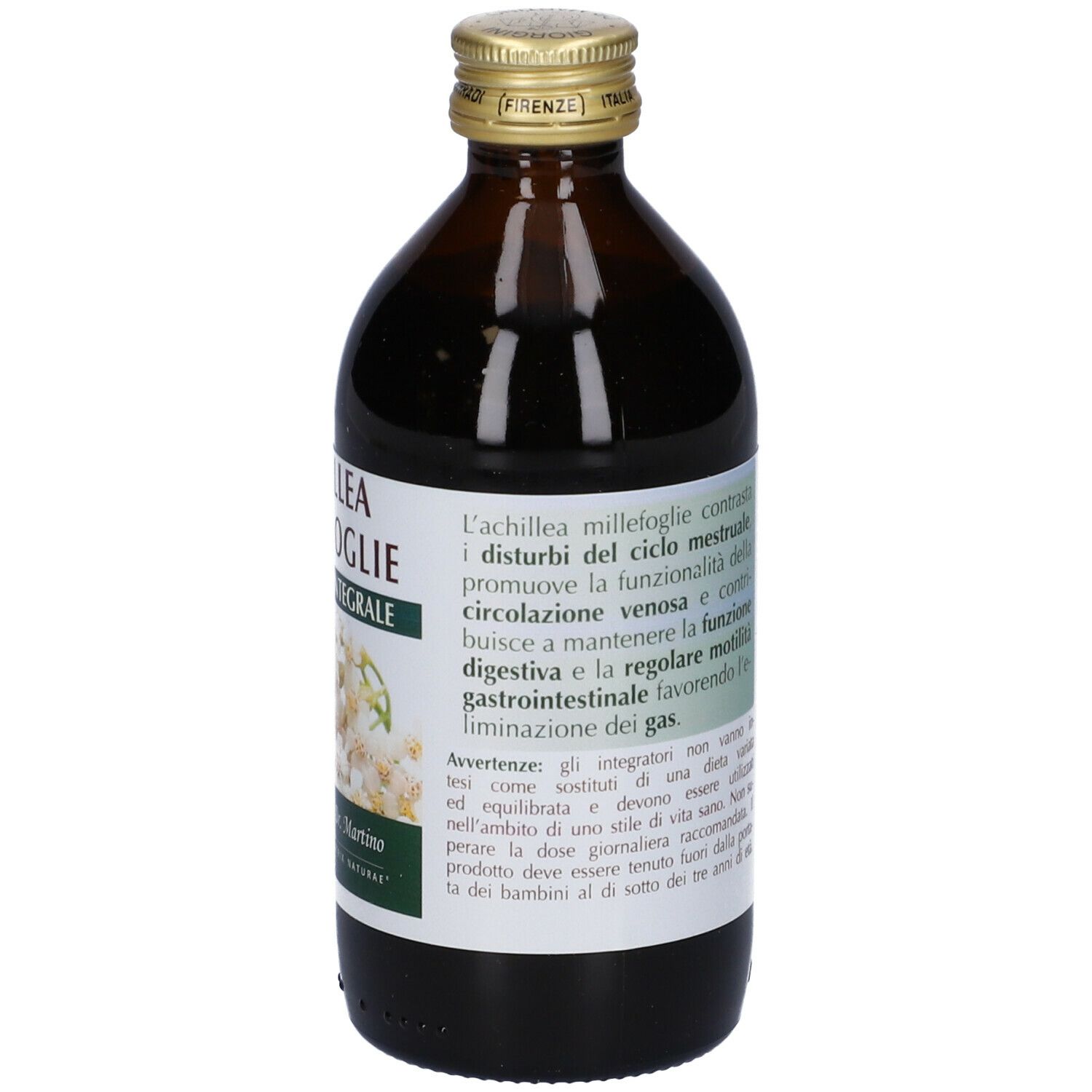 Bottiglia di vetro marrone con etichetta del prodotto. Scritta: Achillea Millefoglie Estratto Integrale. 200 ml.