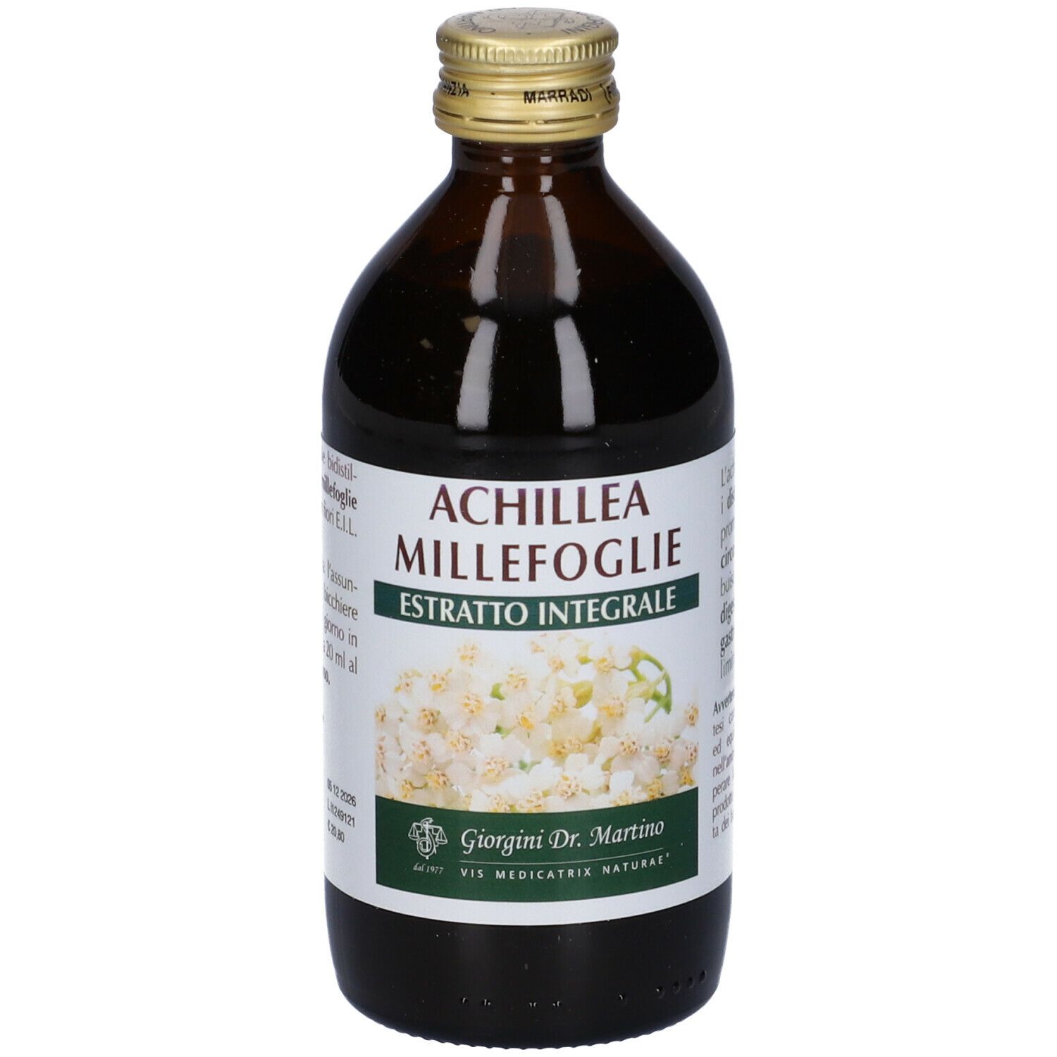 Bottiglia di vetro marrone con etichetta del prodotto. Scritta: Achillea Millefoglie Estratto Integrale. 200 ml.