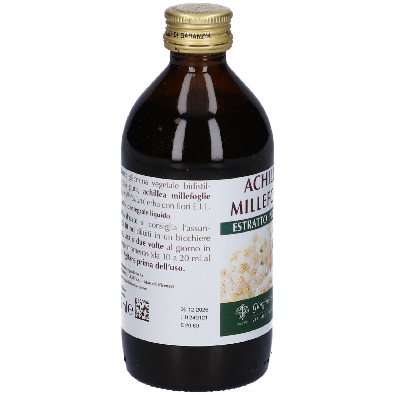 Bottiglia di vetro marrone con etichetta del prodotto. Scritta: Achillea Millefoglie Estratto Integrale. 200 ml.
