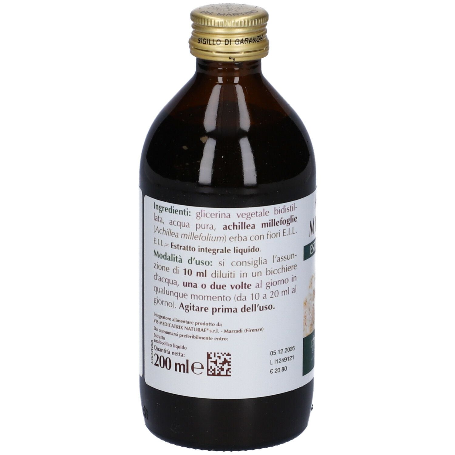 Bottiglia di vetro marrone con etichetta del prodotto. Scritta: Achillea Millefoglie Estratto Integrale. 200 ml.