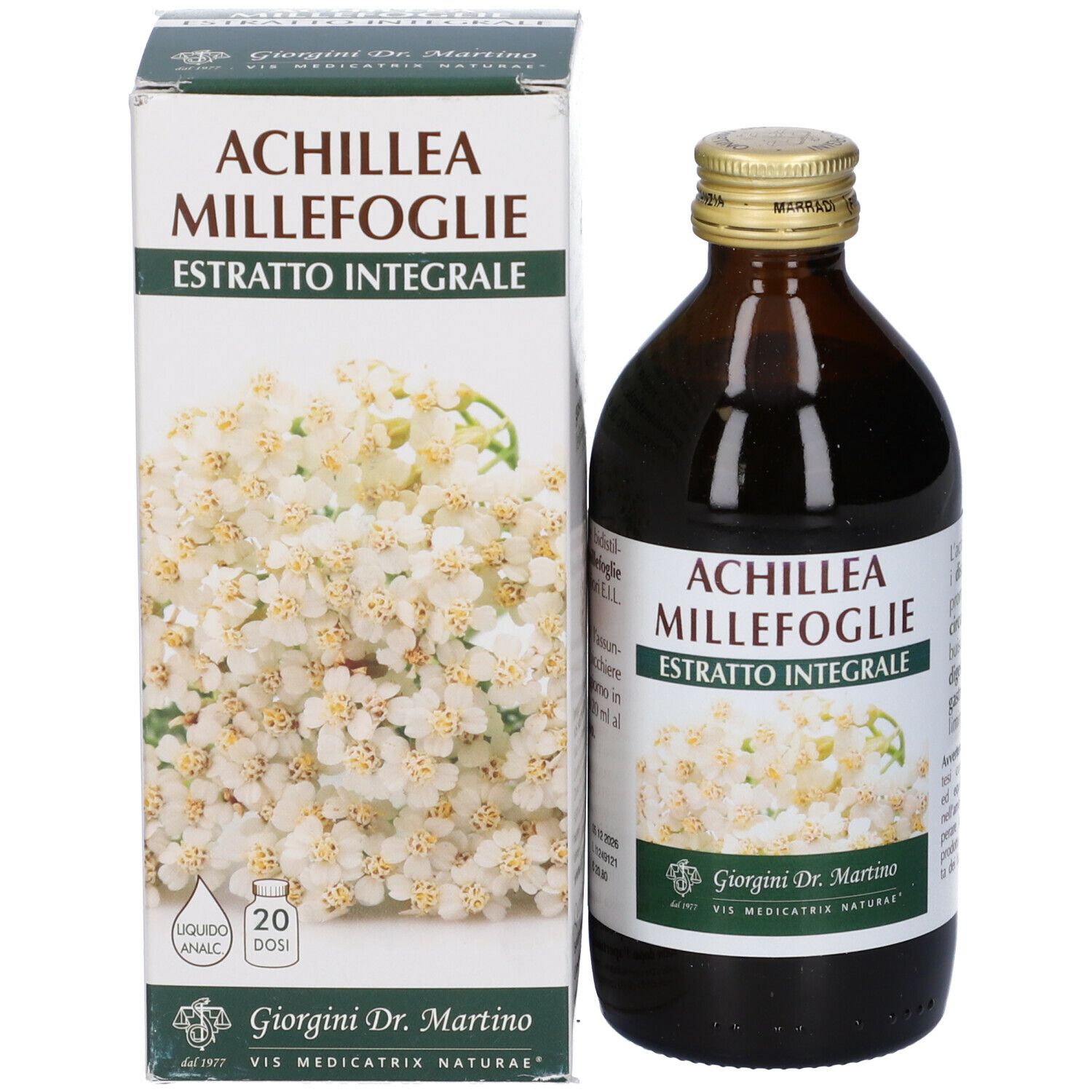 Bottiglia di vetro marrone e scatola con stampa del prodotto. Scritta: Achillea Millefoglie Estratto Integrale.