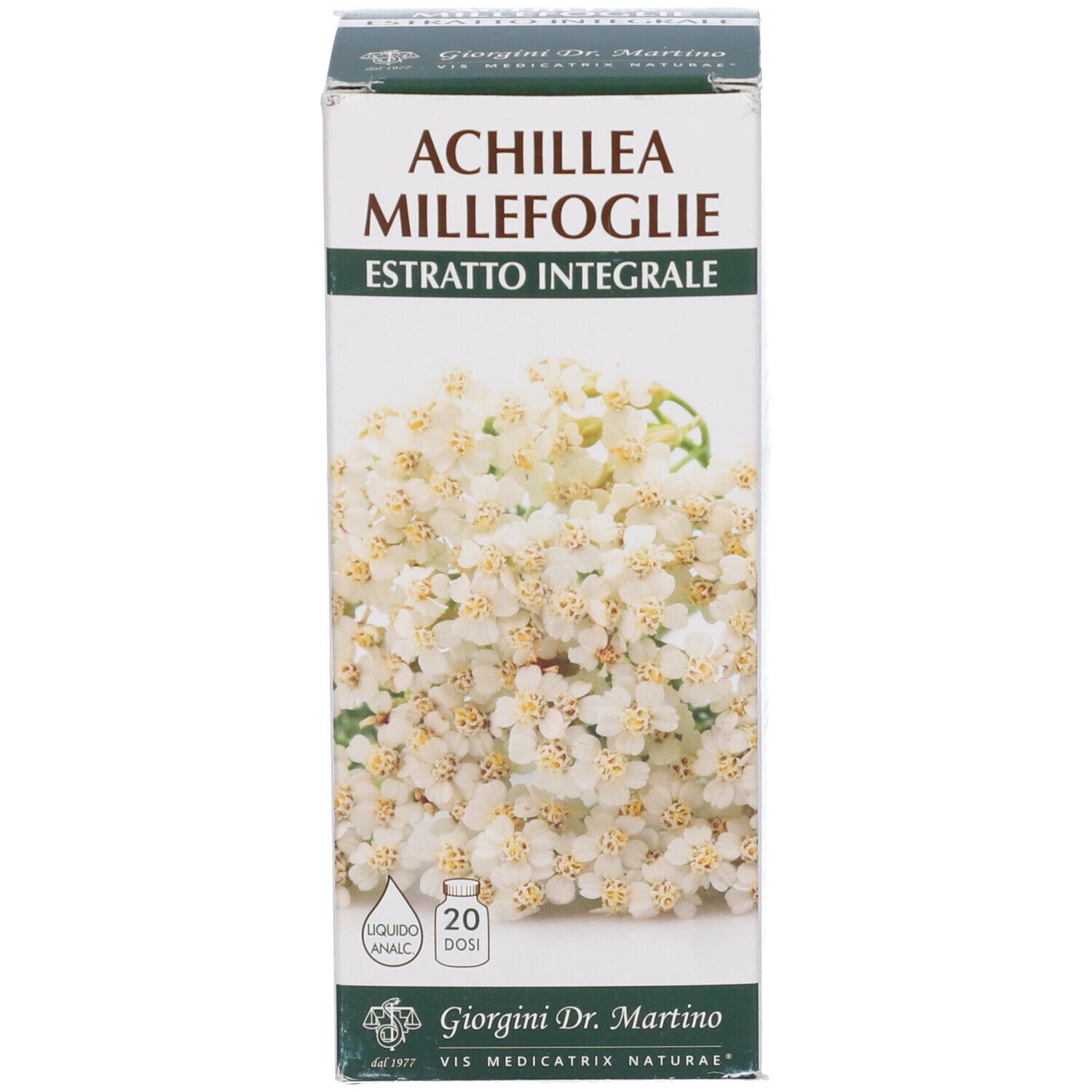 Scatola con stampa del prodotto. Scritta: Achillea Millefoglie Estratto Integrale. 20 dosi.