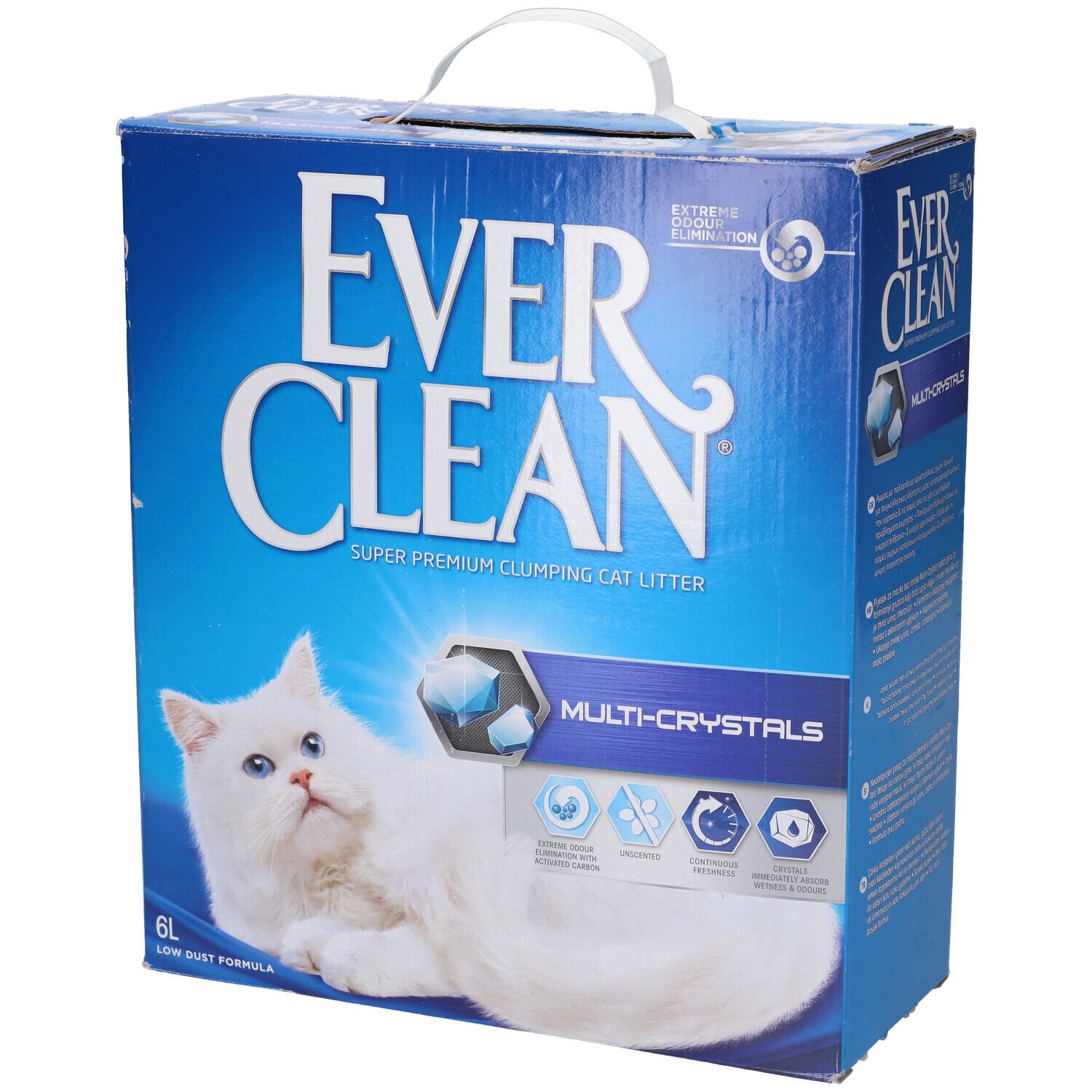 Scatola blu Everclean con logo, gatto e maniglia. Prodotto: Multi-Crystals. Testo: Lettiera agglomerante super premium. 6L.