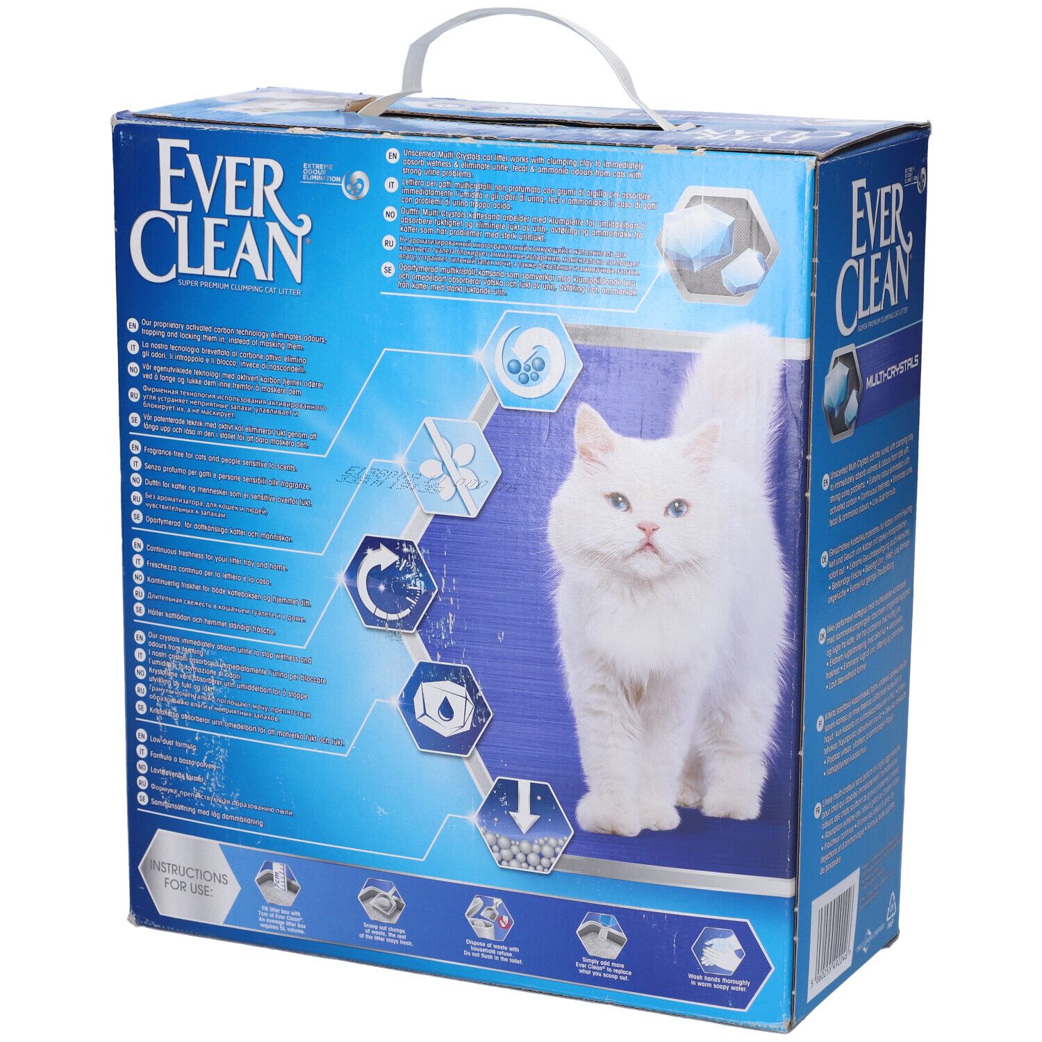 Scatola blu Everclean con logo, gatto e maniglia. Prodotto: Multi-Crystals. Testo: Lettiera agglomerante super premium. Retro.