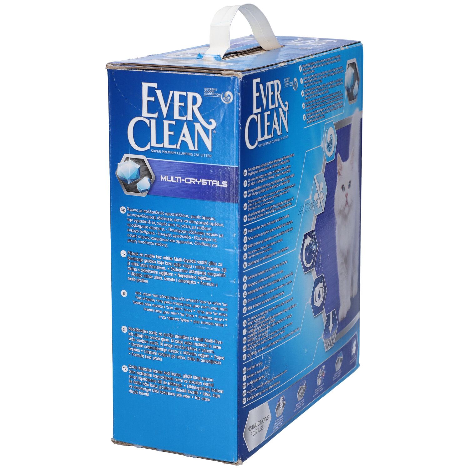 Scatola blu Everclean con logo, gatto e maniglia. Prodotto: Multi-Crystals. Testo: Lettiera agglomerante super premium. Retro.