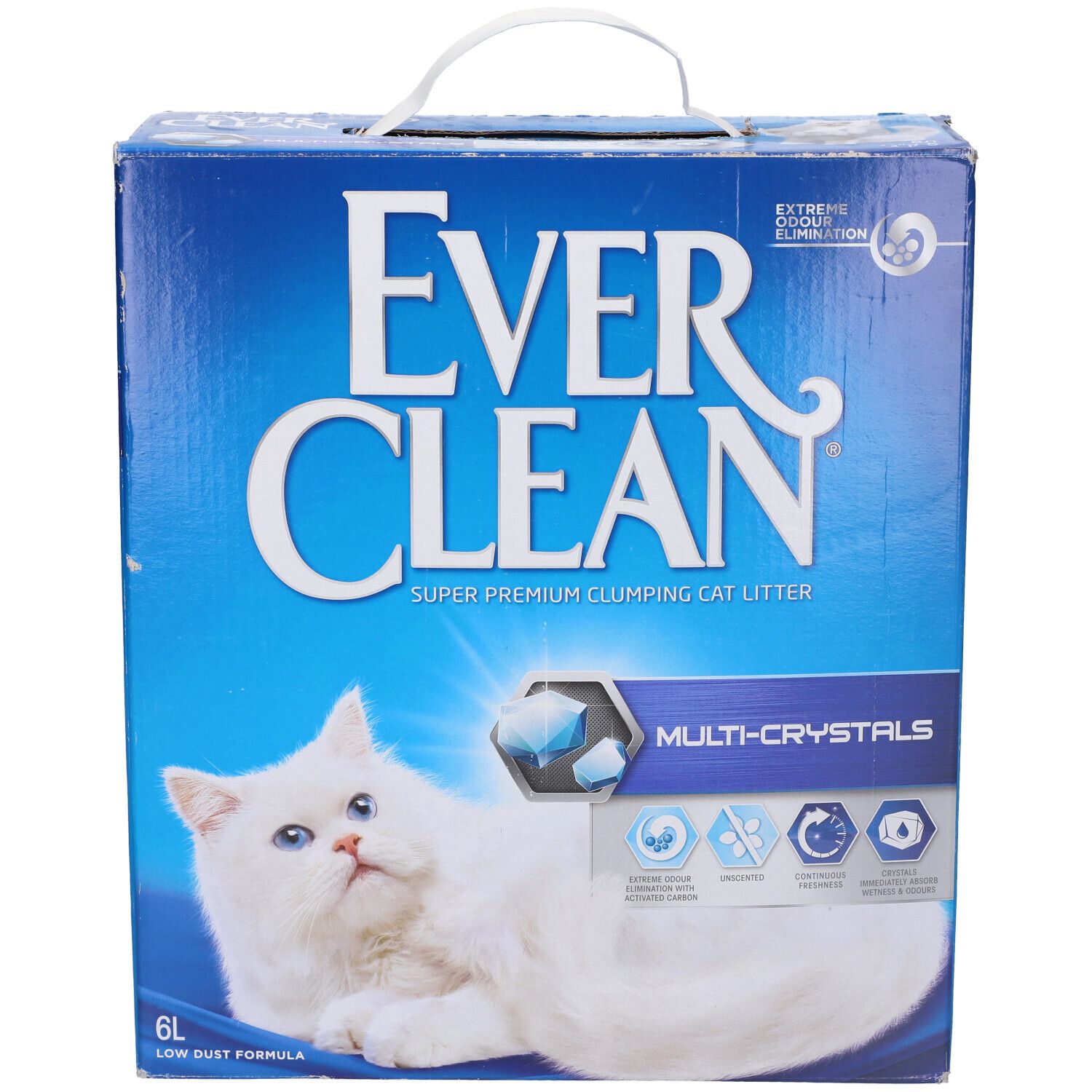 Scatola blu Everclean con logo, gatto e maniglia. Prodotto: Multi-Crystals. Testo: Lettiera agglomerante super premium. 6L.