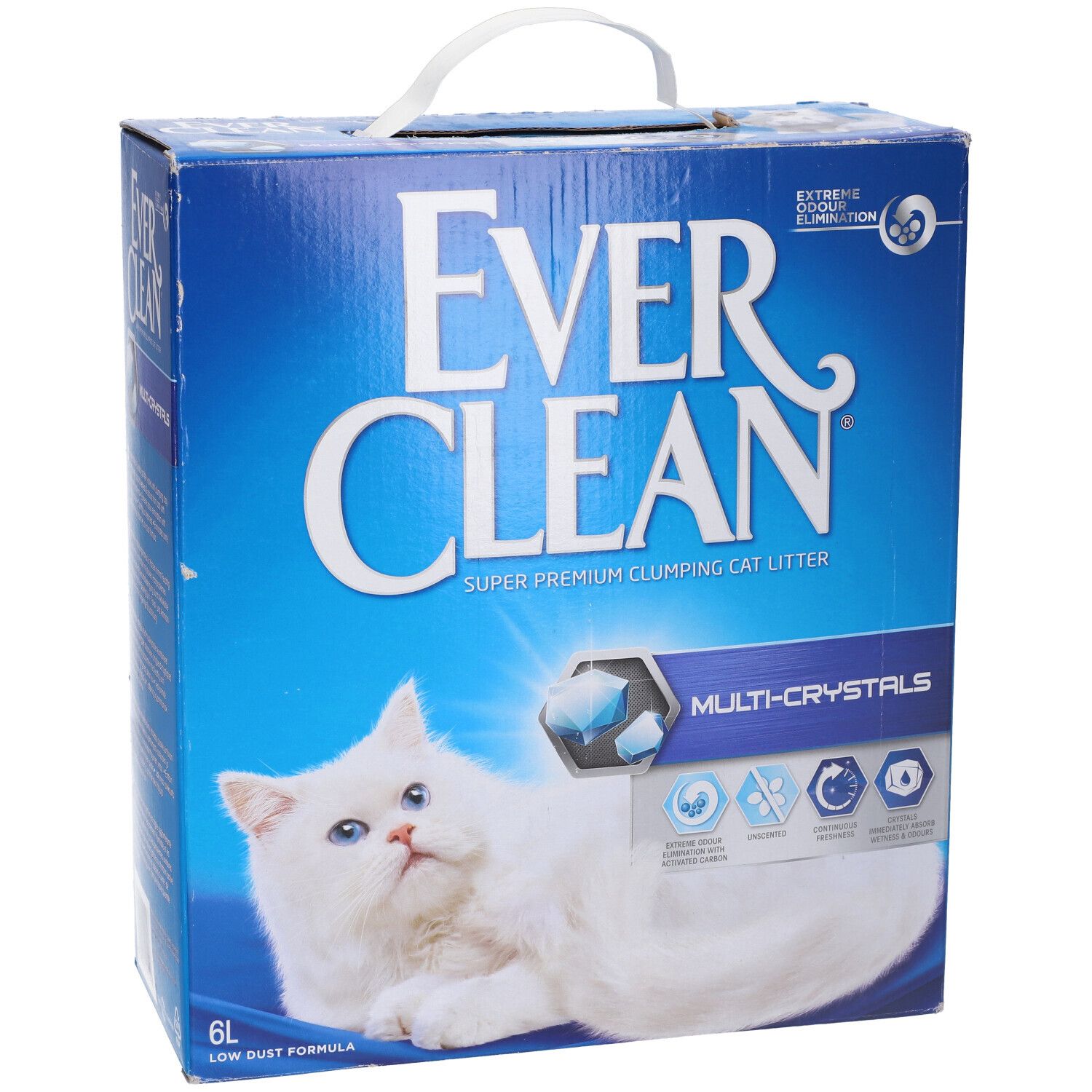 Scatola blu Everclean con logo, gatto e maniglia. Prodotto: Multi-Crystals. Testo: Lettiera agglomerante super premium. 6L.