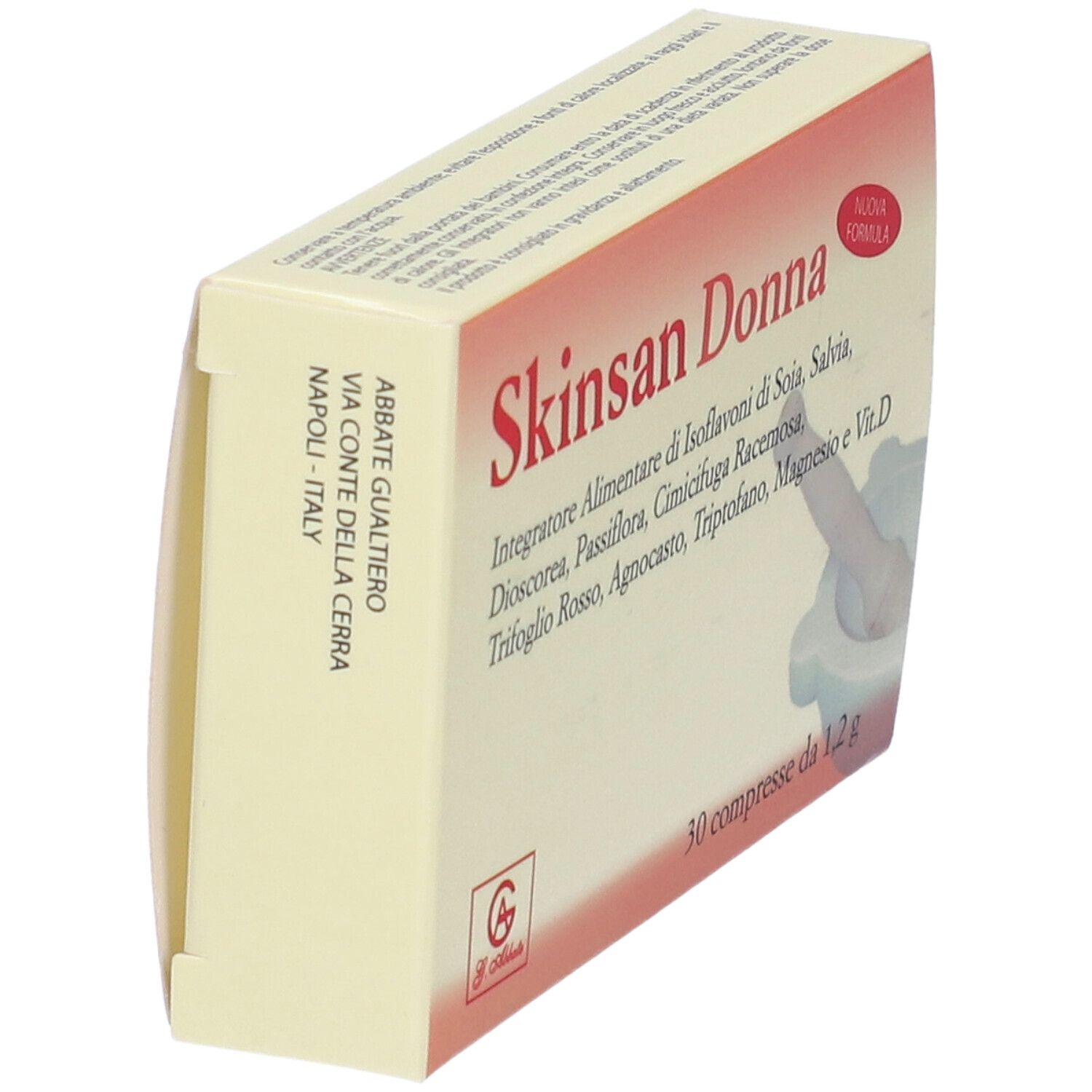 Scatola Skinsan Donna, angolata. Scritta e ingredienti visibili. Adesivo rosso: Nuova Formula. Indirizzo: Napoli, Italia.