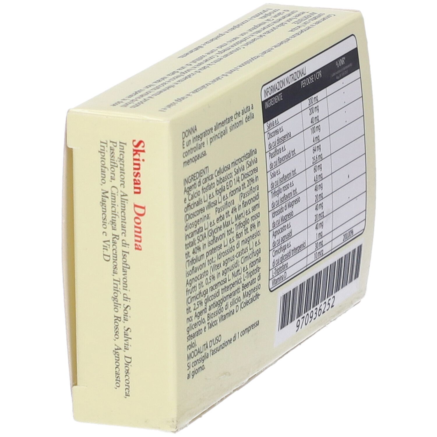 Scatola Skinsan Donna, angolata. Retro con ingredienti e informazioni nutrizionali. Codice a barre e numero di lotto.