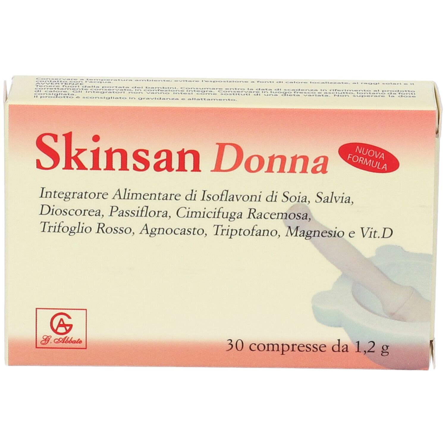 Scatola beige con scritta Skinsan Donna. Contiene 30 compresse. Adesivo rosso: Nuova Formula. Ingredienti elencati.