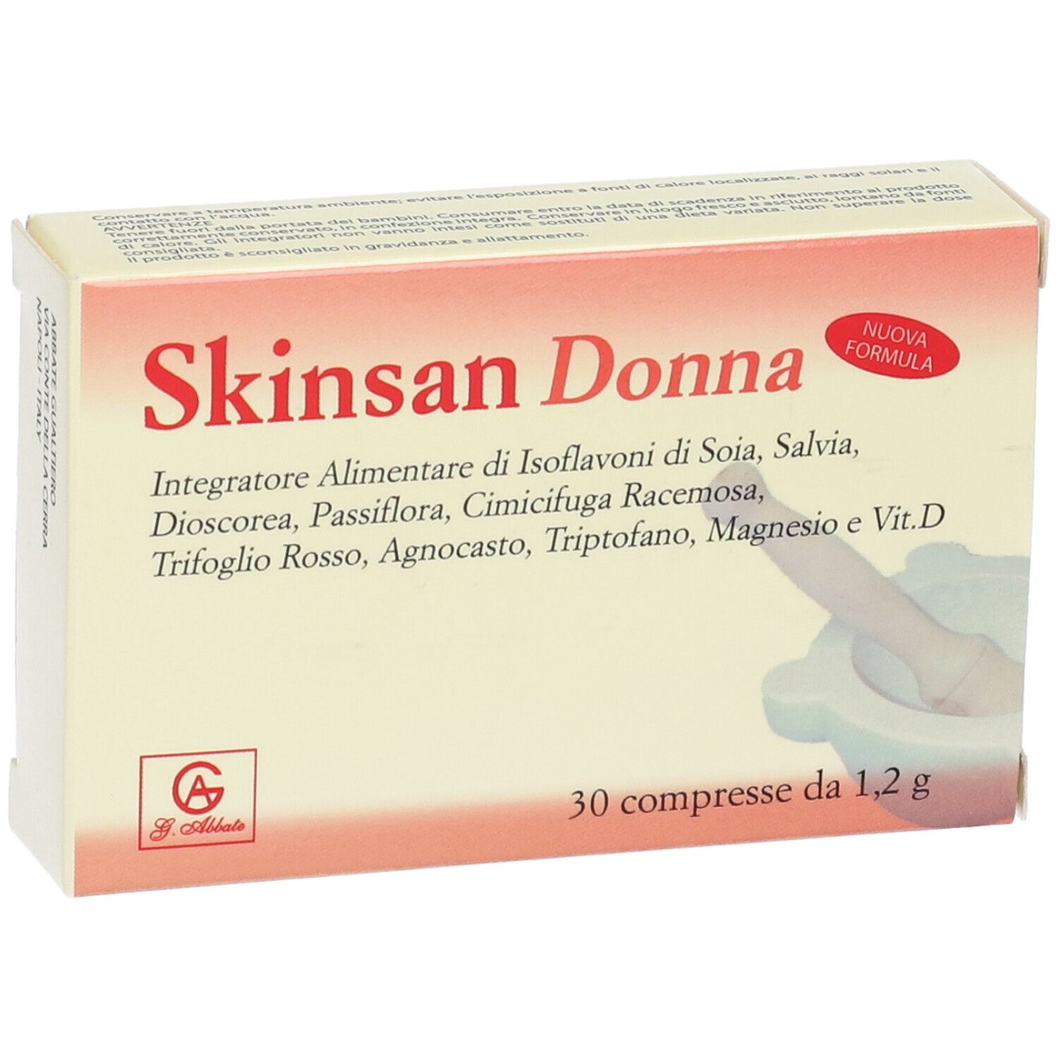 Scatola beige con scritta Skinsan Donna. Contiene 30 compresse. Adesivo rosso: Nuova Formula. Ingredienti elencati.
