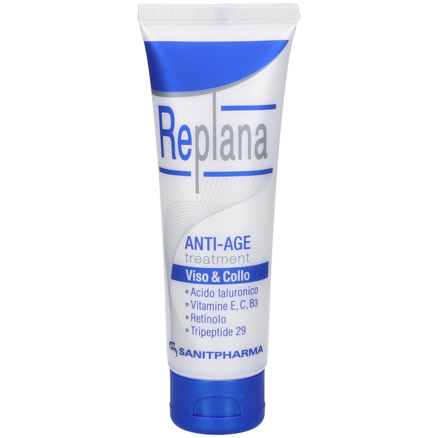 Tubo di crema con tappo blu. Scritta Replana, Anti-Age, Viso & Collo. Contiene acido ialuronico, vitamine, retinolo e tripeptide.