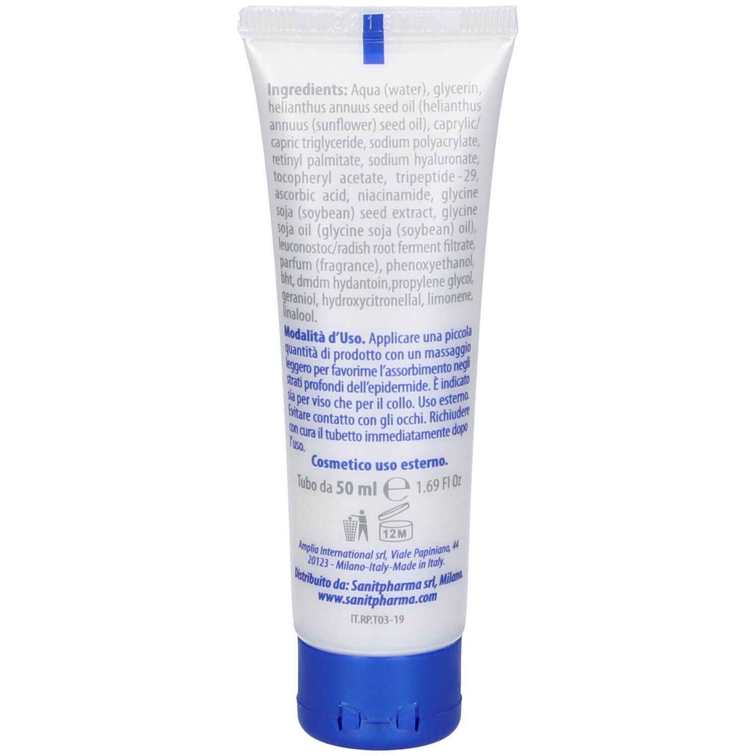 Retro del tubo di crema. Contiene ingredienti e istruzioni per l'uso. Scritta: Cosmetic uso esterno. Tubo da 50 ml.