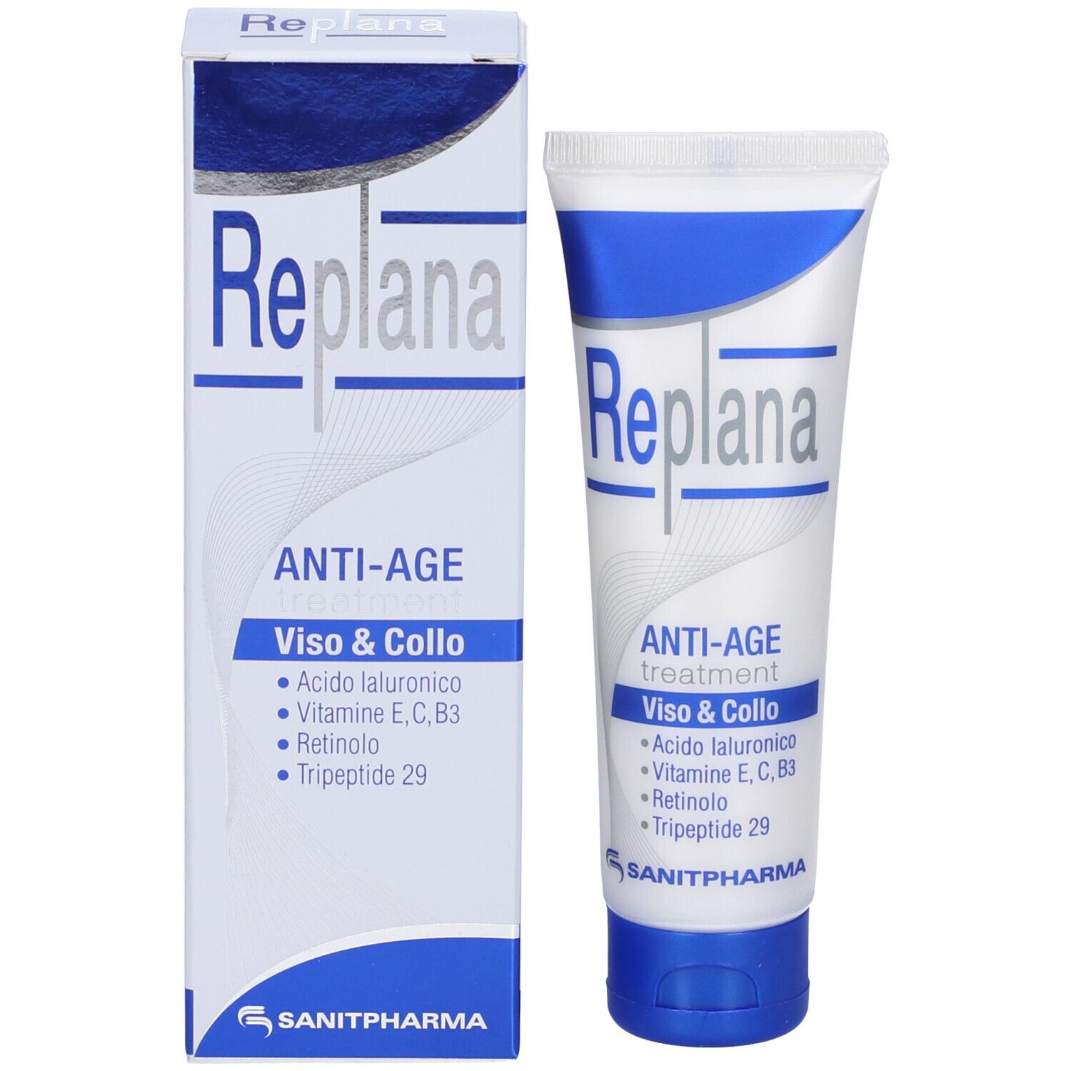 Tubo di crema e scatola. Scritta Replana, Anti-Age, Viso & Collo. Contiene acido ialuronico, vitamine, retinolo e tripeptide.