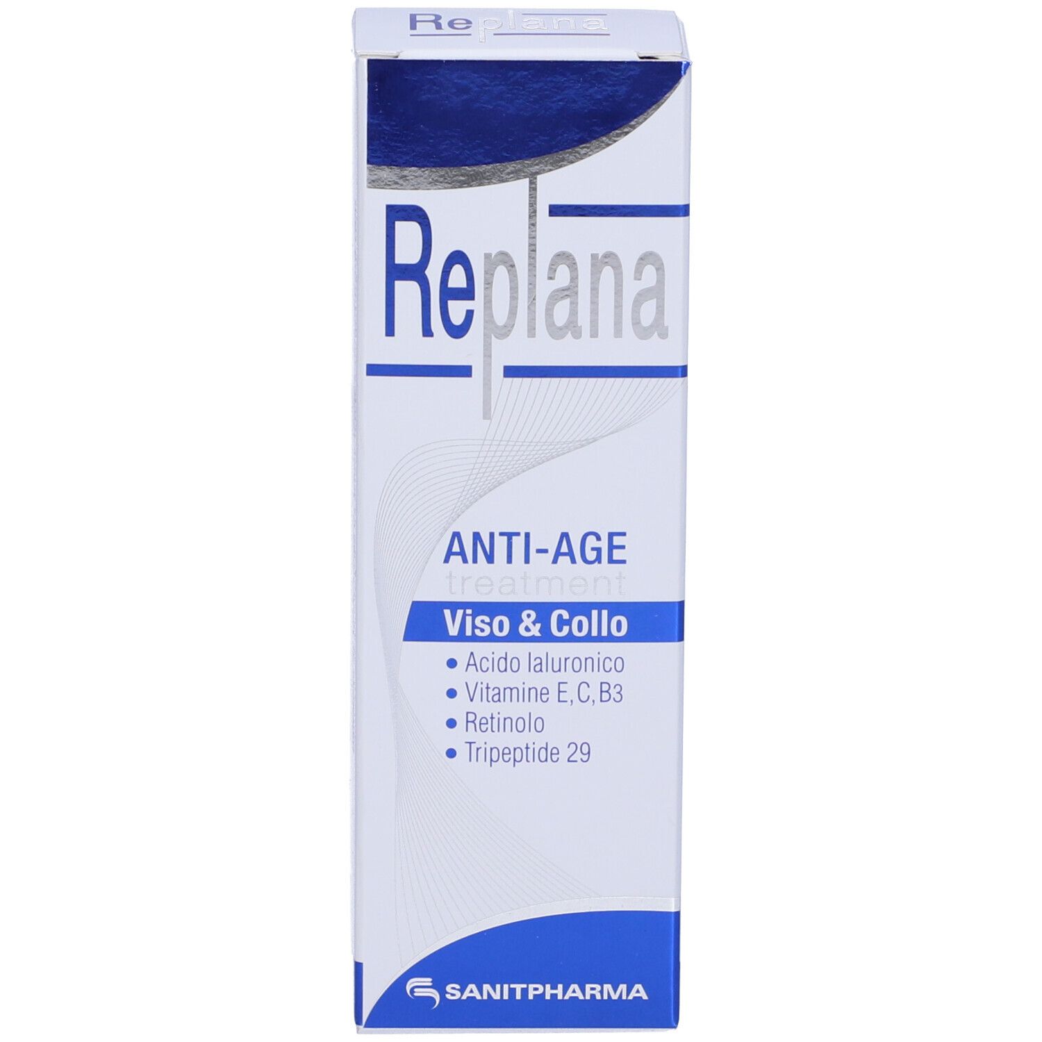 Scatola con scritta Replana, Anti-Age, Viso & Collo. Contiene acido ialuronico, vitamine, retinolo e tripeptide.