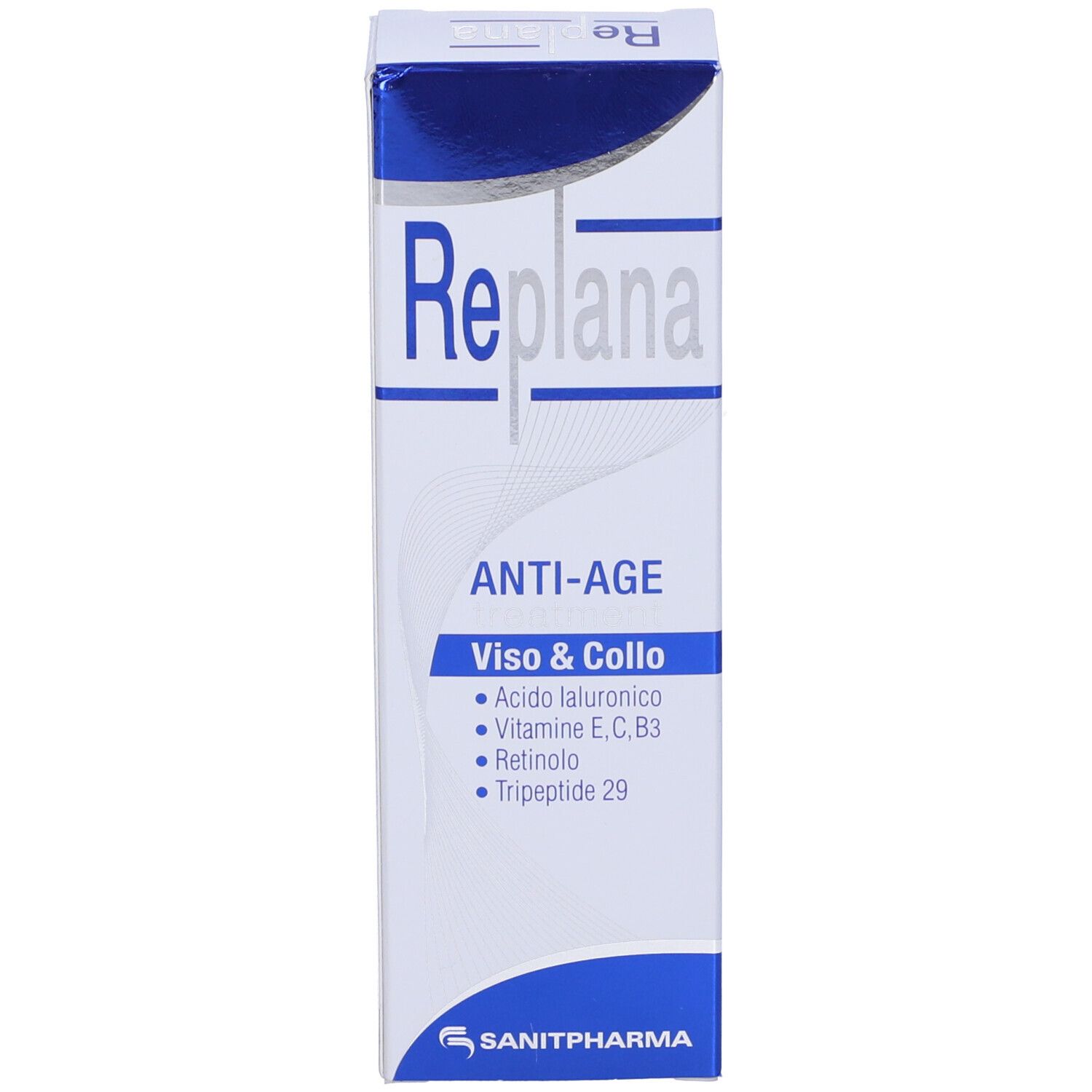 Scatola con scritta Replana, Anti-Age, Viso & Collo. Contiene acido ialuronico, vitamine, retinolo e tripeptide.
