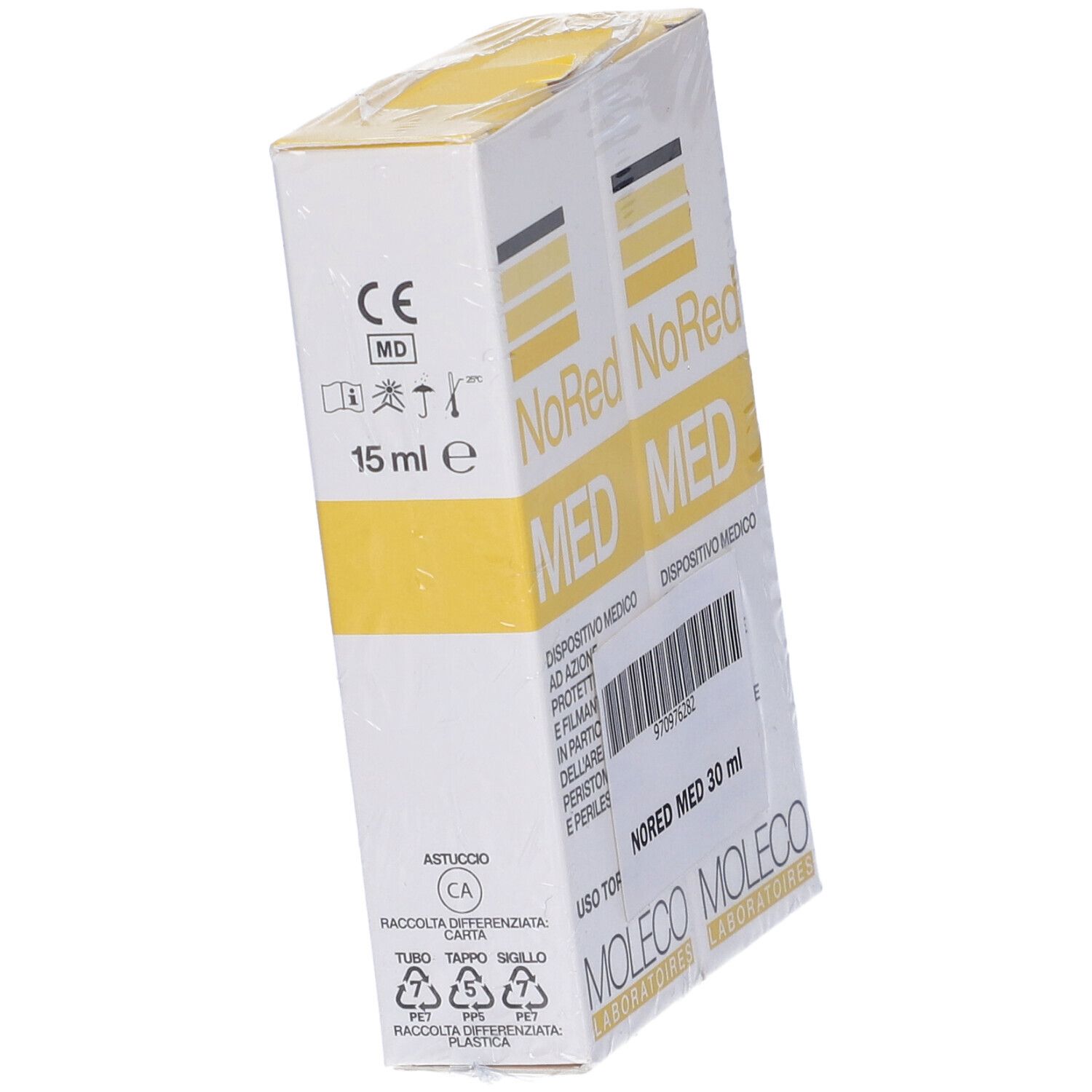 Confezione inclinata di Nored Med, 30 ml. Bianca con accenti gialli. Testo e codice a barre sulla confezione.