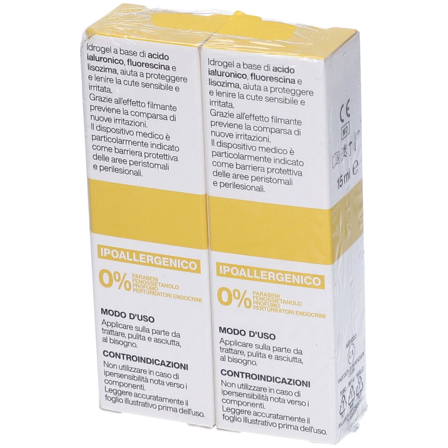 Retro di due confezioni Nored Med. Testo in italiano, elementi gialli e bianchi. Marchio CE.