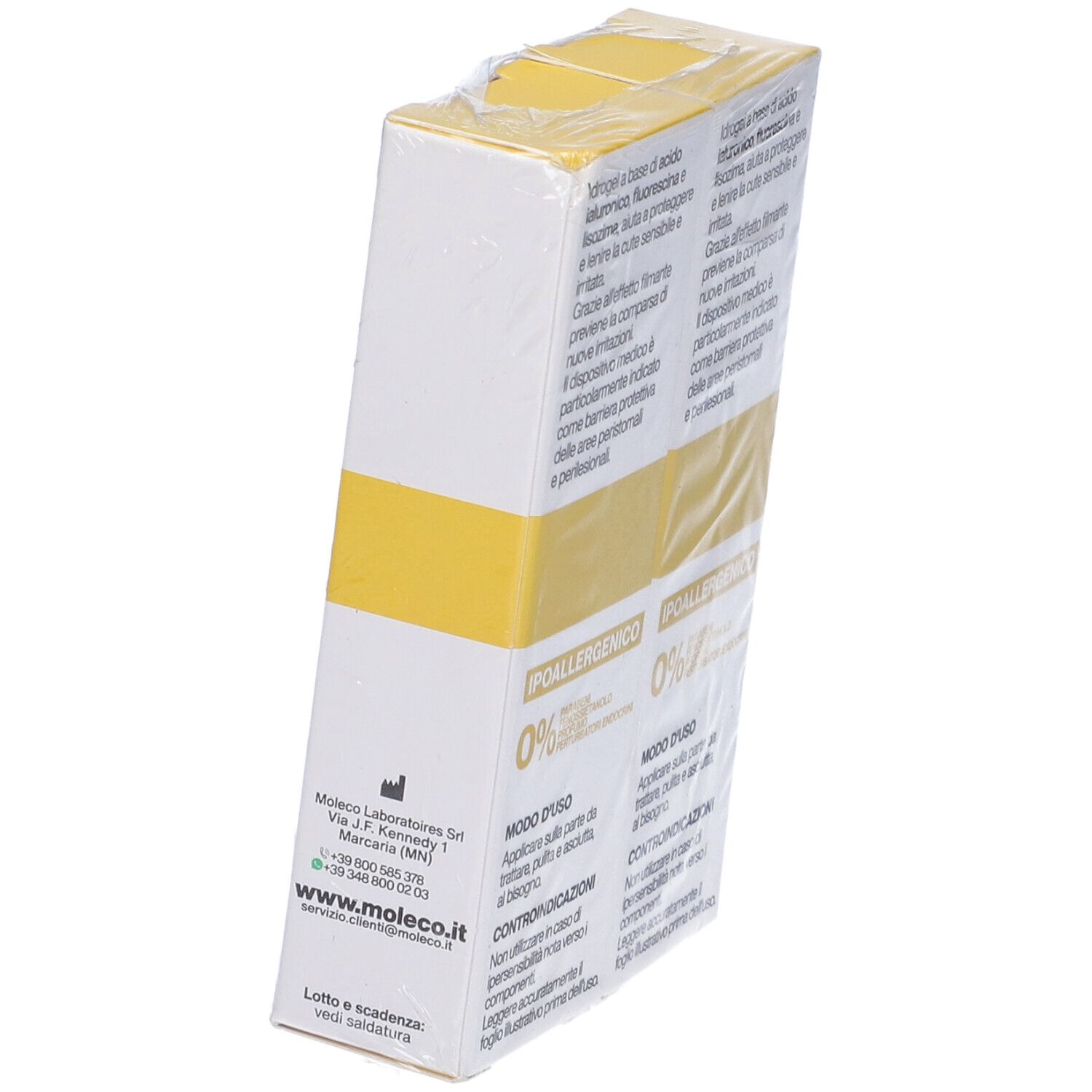 Confezione inclinata di Nored Med. Testo in italiano, elementi gialli e bianchi. Marchio CE.