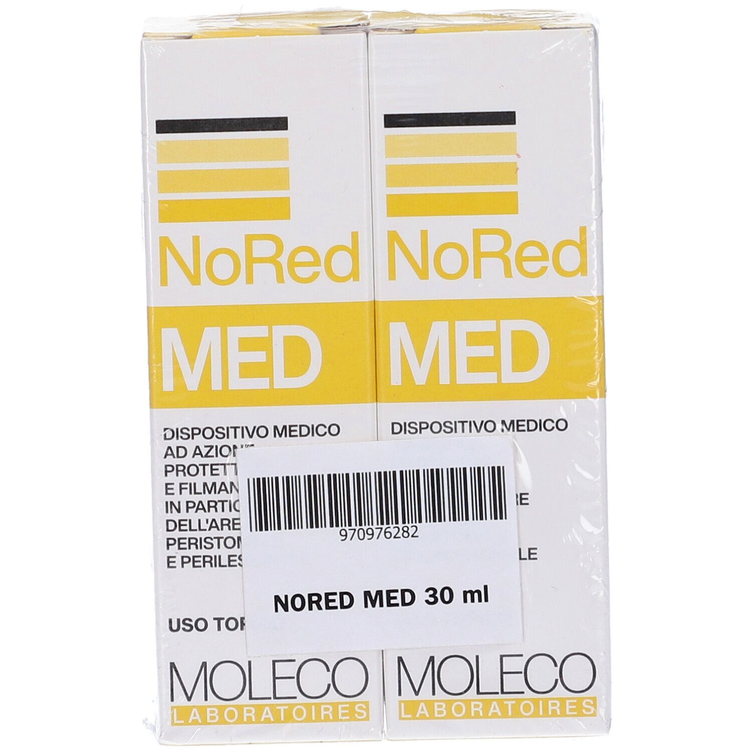 Due confezioni Nored Med affiancate. Elementi gialli e bianchi. Testo in italiano.