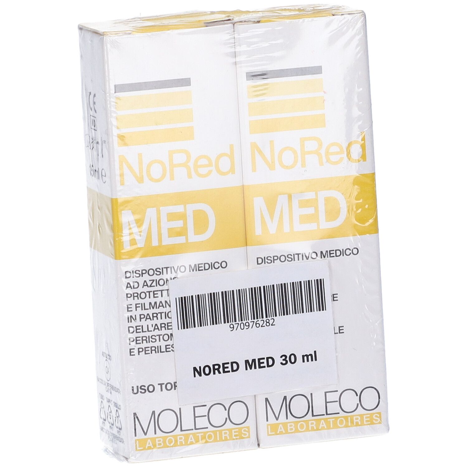 Due confezioni Nored Med, confezionate in pellicola. Elementi gialli e bianchi. Testo in italiano.