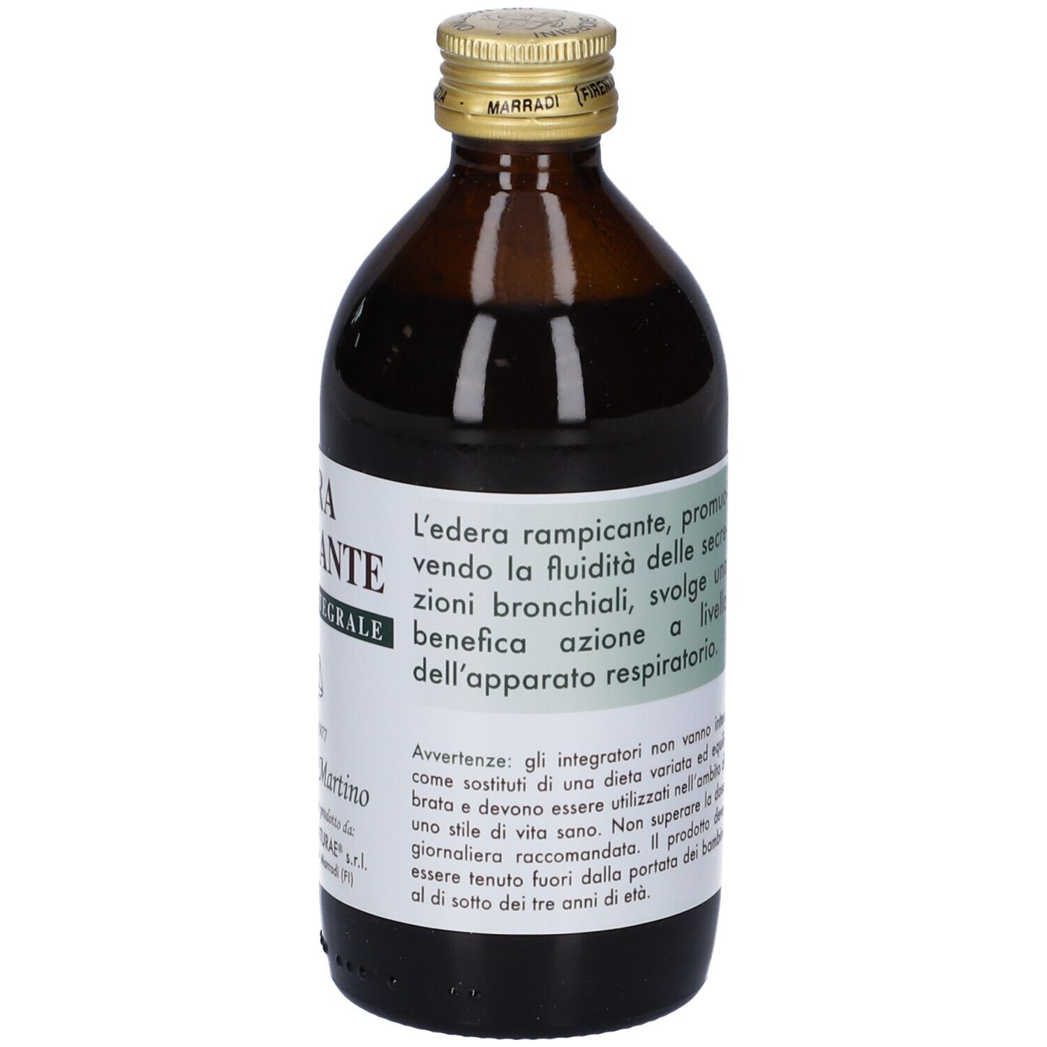Bottiglia di vetro marrone con tappo dorato. Retro con testo su ingredienti e uso.
