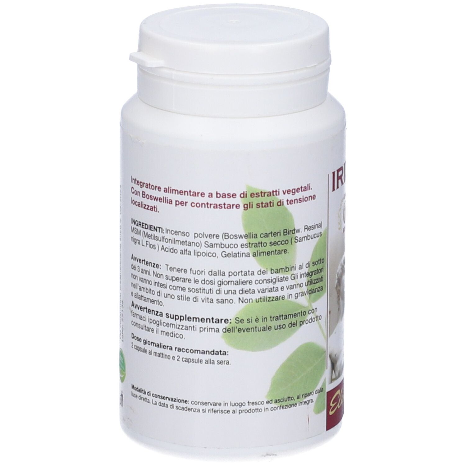 Flacone bianco con etichetta. Testo: Iride, Integratore Alimentare. Marchio Elekea. Ingredienti e avvertenze.