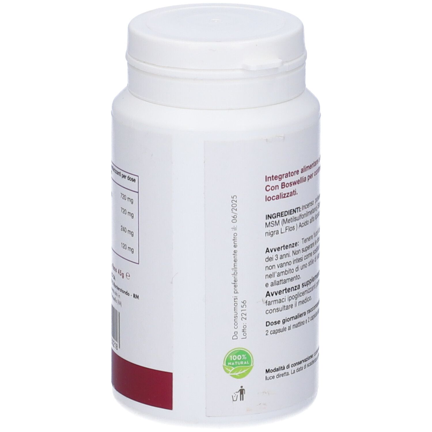 Flacone bianco con etichetta. Testo: Iride. Ingredienti e dosaggio. Logo: 100% Naturale.