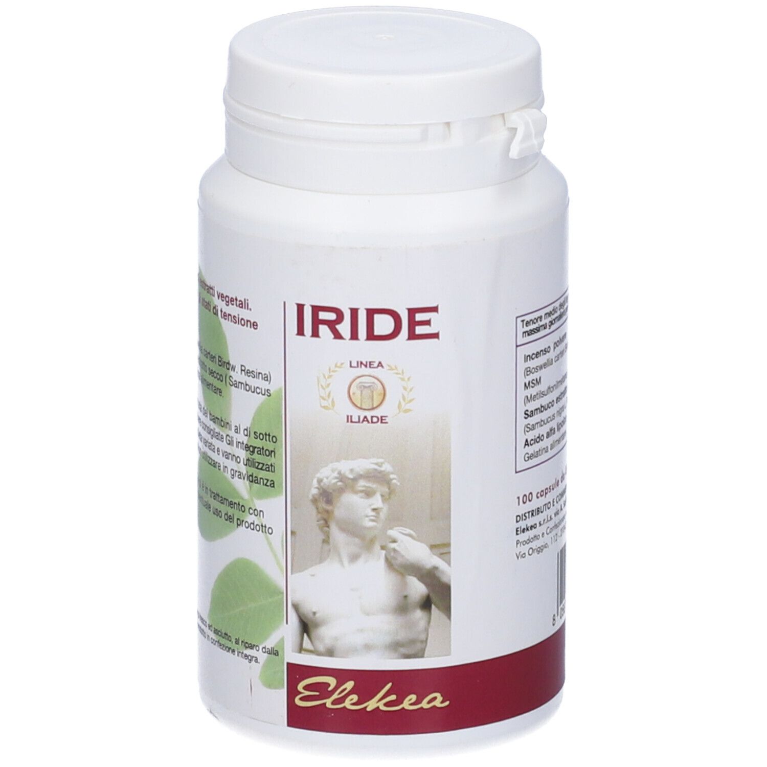 Flacone bianco con etichetta. Testo: Iride, 100 capsule. Marchio Elekea. Ingredienti e dosaggio.