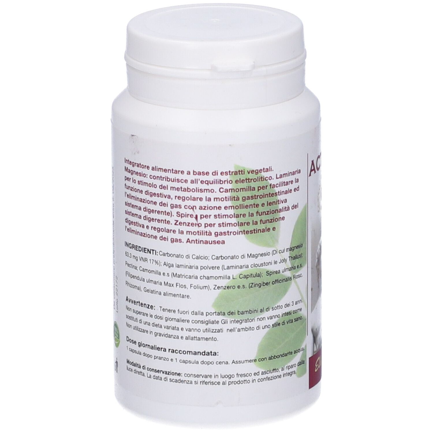 Retro di un flacone bianco. Testo con ingredienti e avvertenze. Scritta ACTAEA.