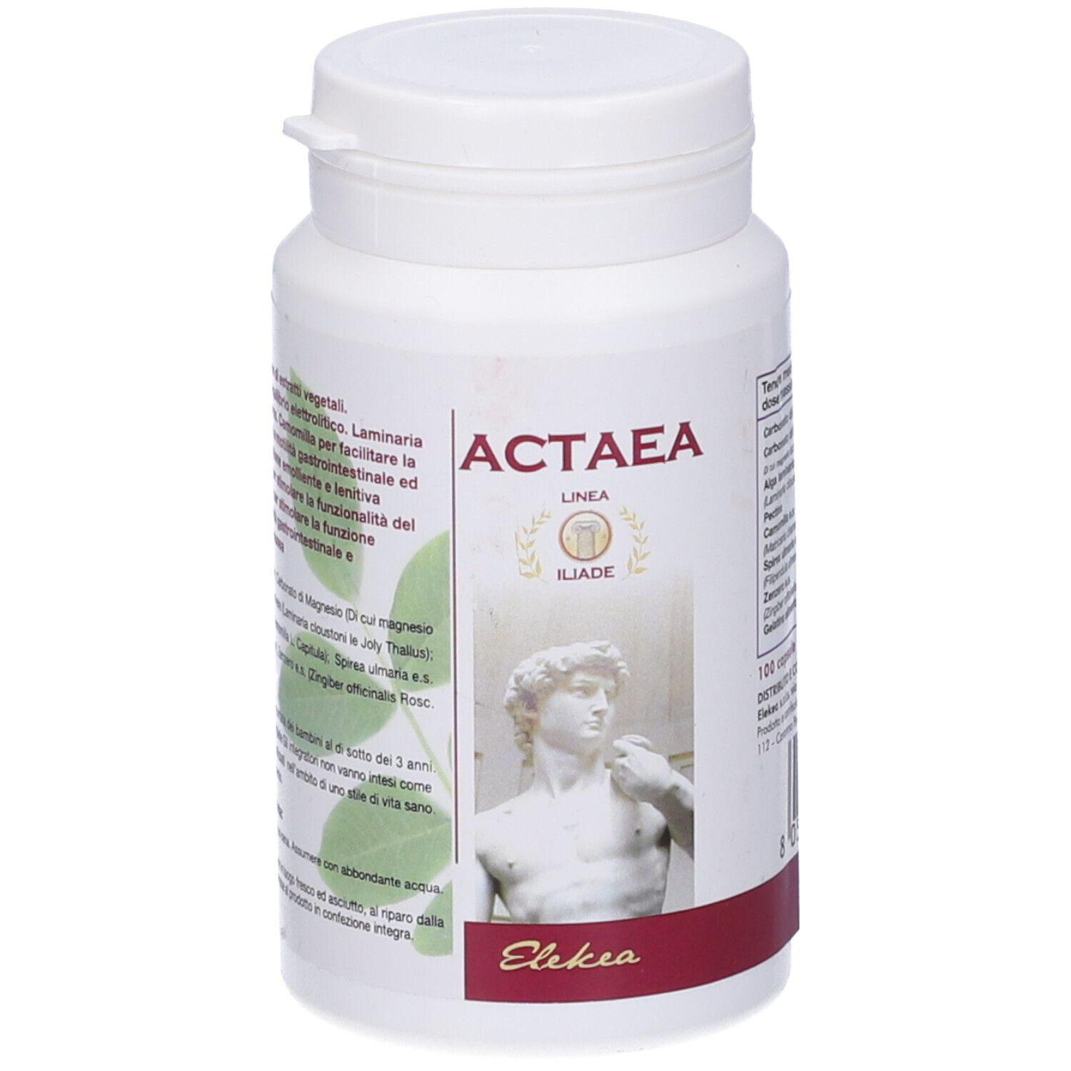 Flacone bianco con etichetta ACTAEA. Scritta ACTAEA, ILIADE ed Elekea. Immagine di una statua.