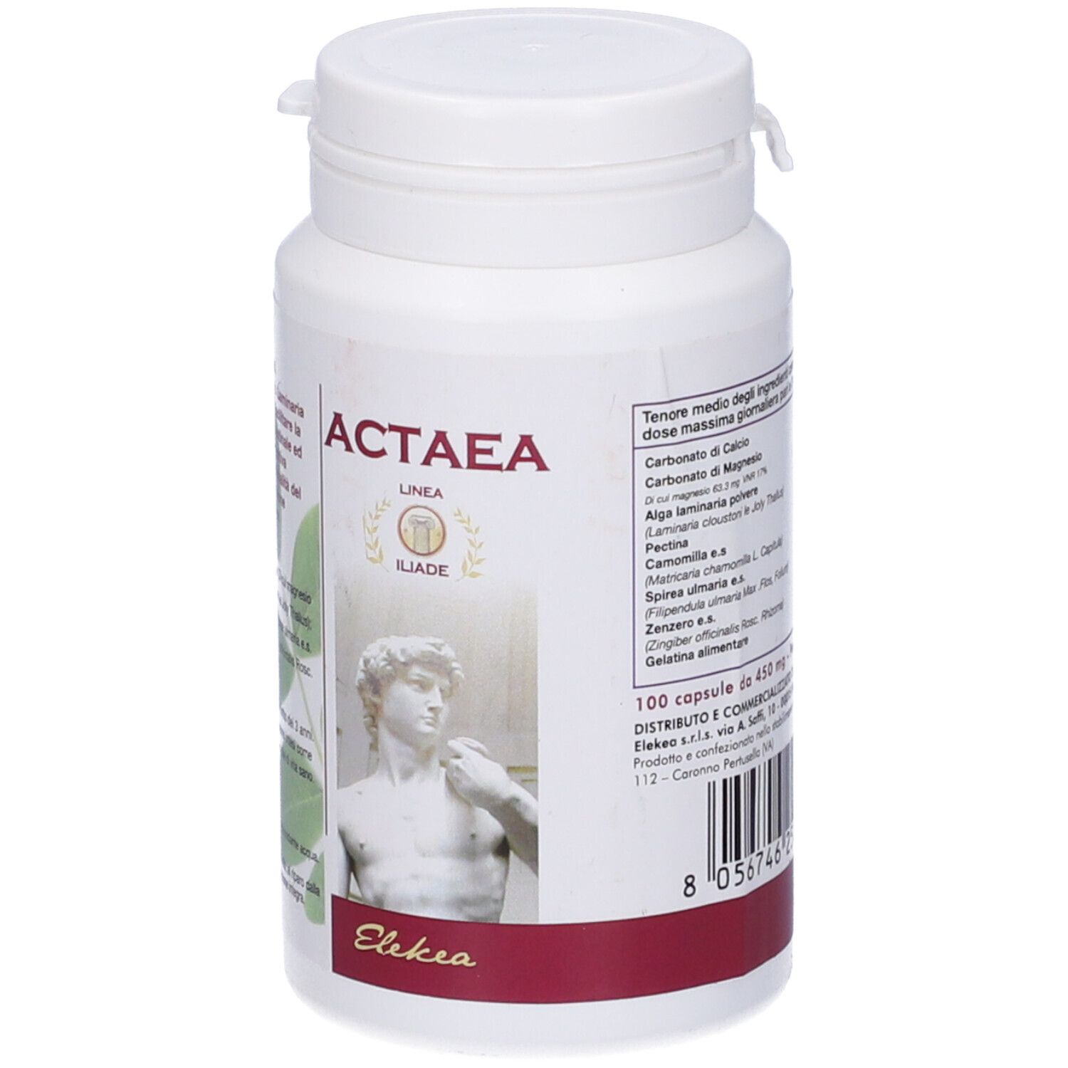 Flacone bianco con etichetta ACTAEA. Scritta ACTAEA, ILIADE ed Elekea. Immagine di una statua.