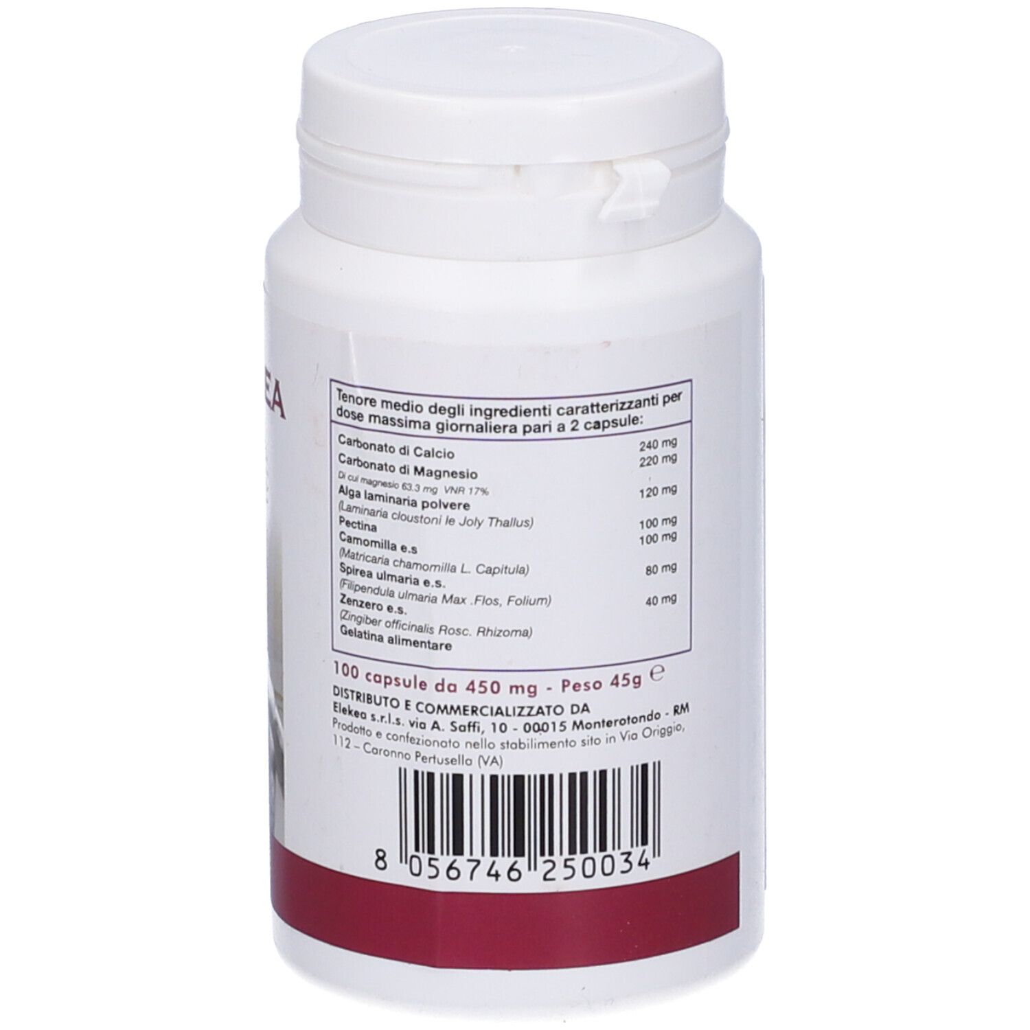 Retro di un flacone bianco. Testo con ingredienti e informazioni nutrizionali. Scritta ACTAEA.