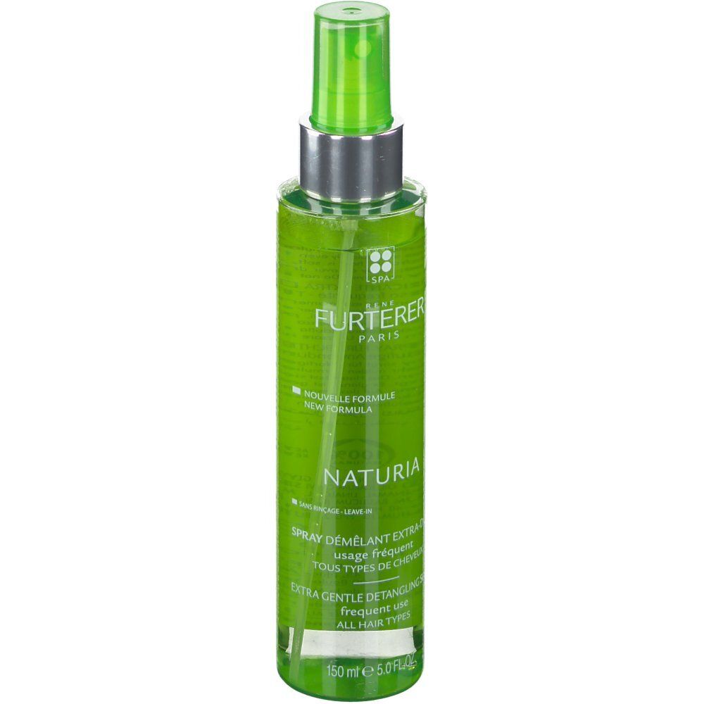 Flacone spray verde con anello argentato e vaporizzatore verde. Scritta: Naturia, spray districante extra-delicato.