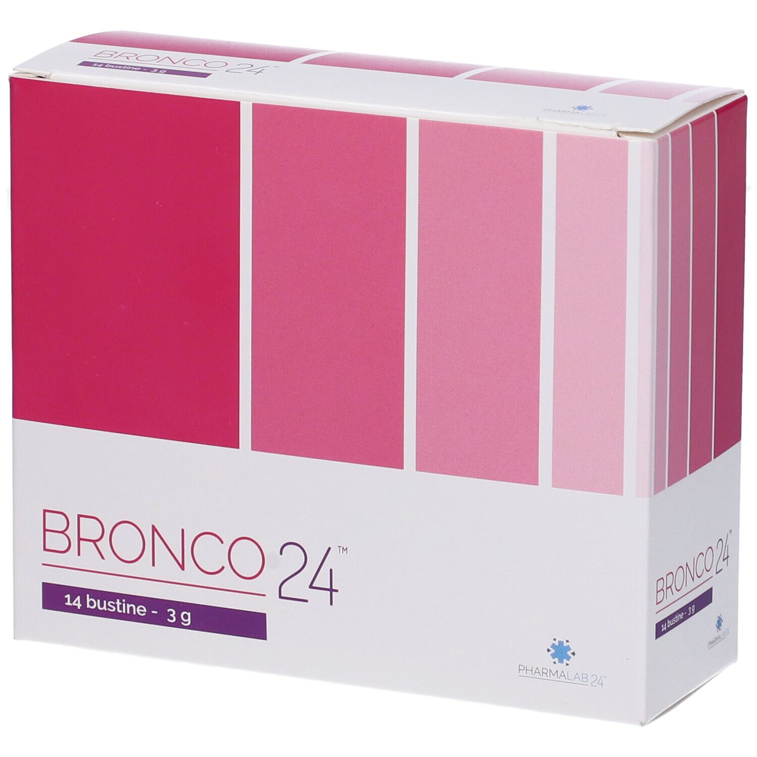 Scatola con nome prodotto e 14 bustine. Sfumatura da rosa a fucsia. Nome prodotto e logo.