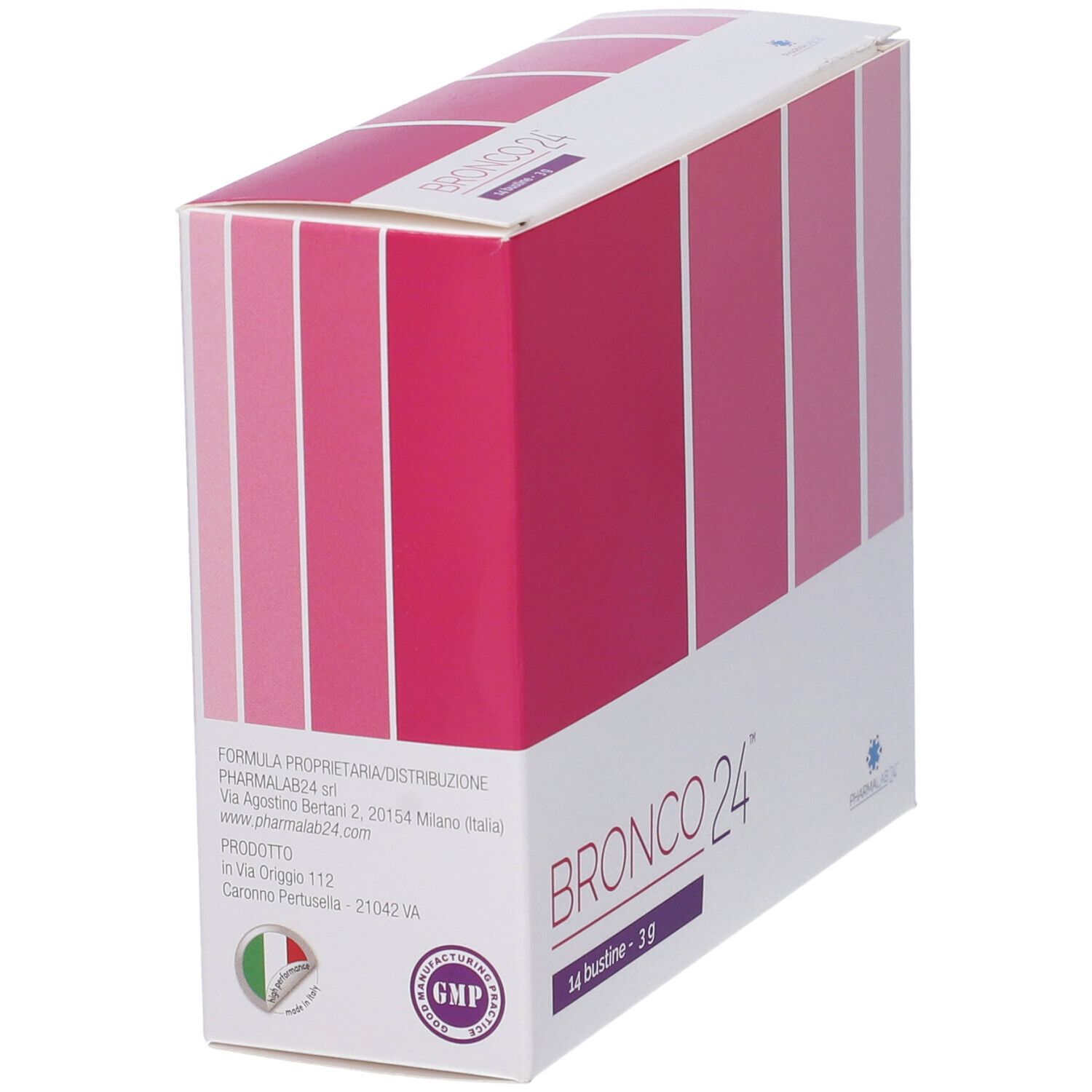 Scatola con nome prodotto e 14 bustine. Sfumatura da rosa a fucsia. Nome prodotto e logo.