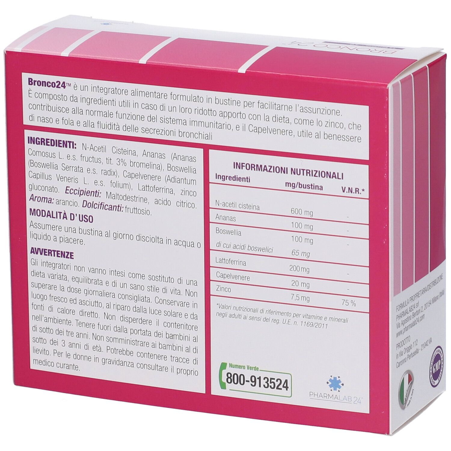 Confezione del prodotto con testo e informazioni nutrizionali. Contiene ingredienti e valori nutrizionali.