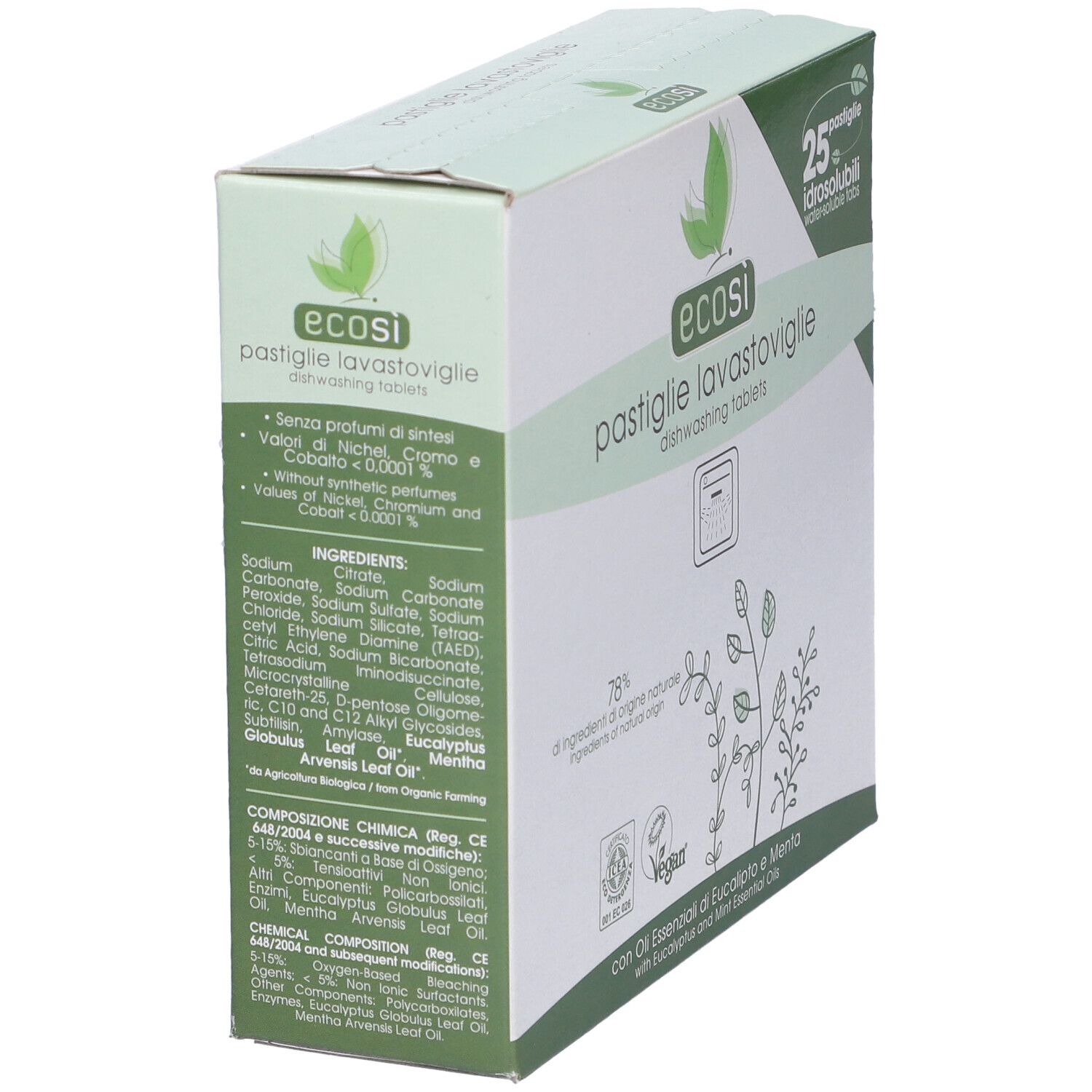 Scatola Ecosi Pastiglie Lavastoviglie. Confezione verde con nome prodotto, ingredienti e certificazioni. Contiene pastiglie.